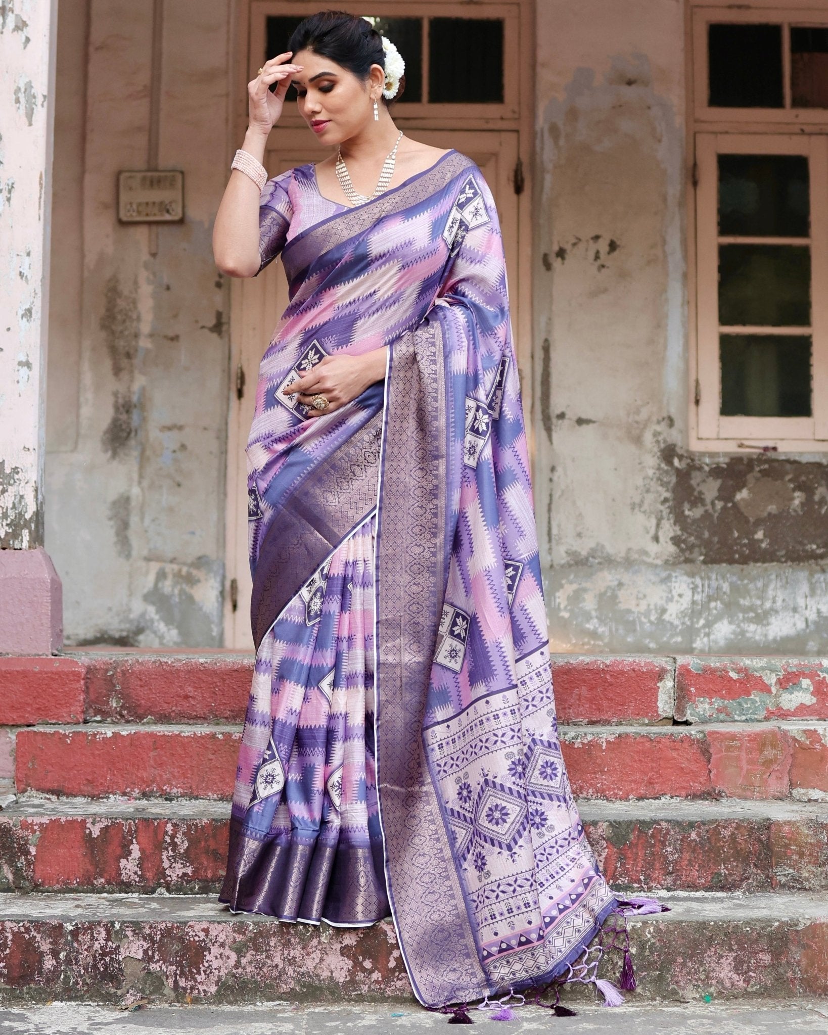 Purple and Pink Geometric Pure Silk Digital Print Saree with Gold Border and Tassels - Fashion Dream Studio