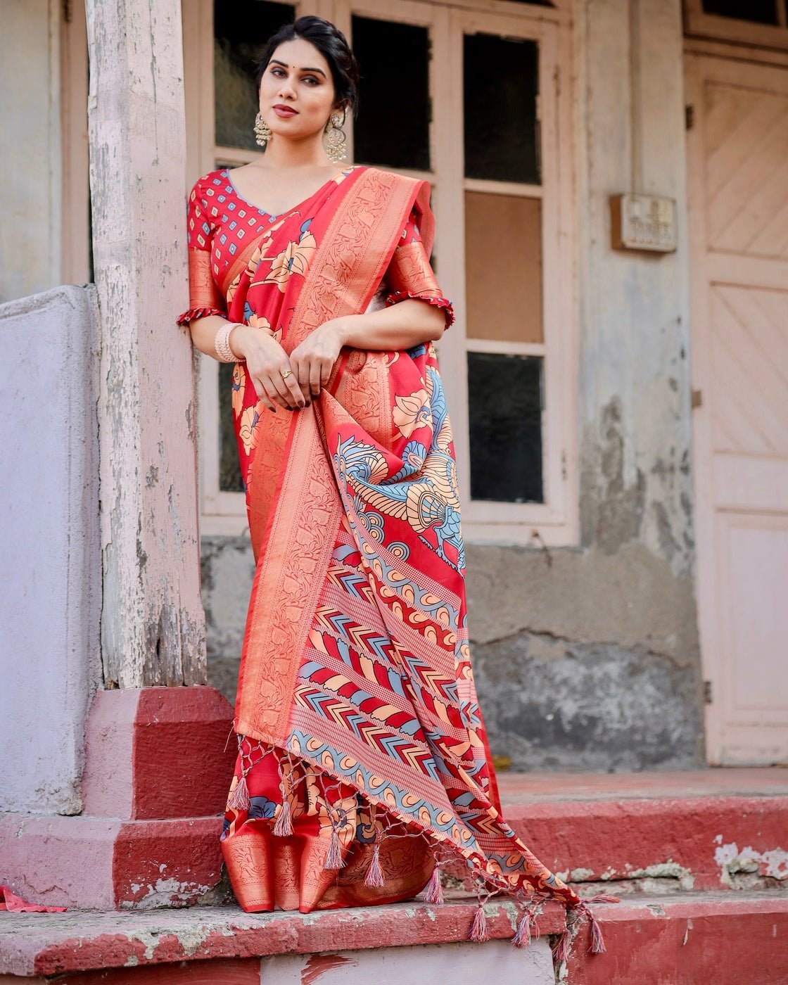 Pure Silk Digitally Printed Saree Weaved With Golden Zari Comes With Tassels - Fashion Dream Studio