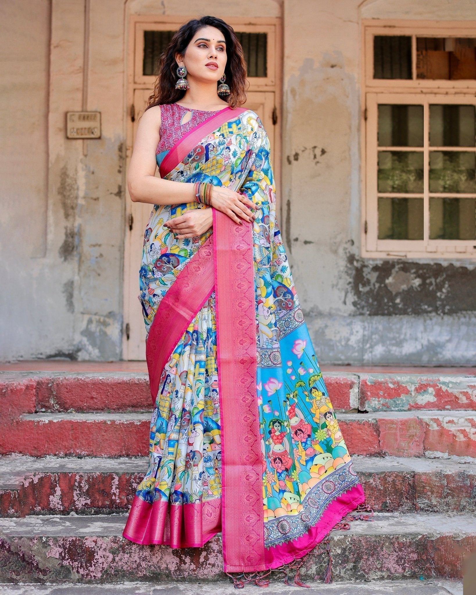 Pure Silk Digitally Printed Saree Weaved With Golden Zari Comes With Tassels