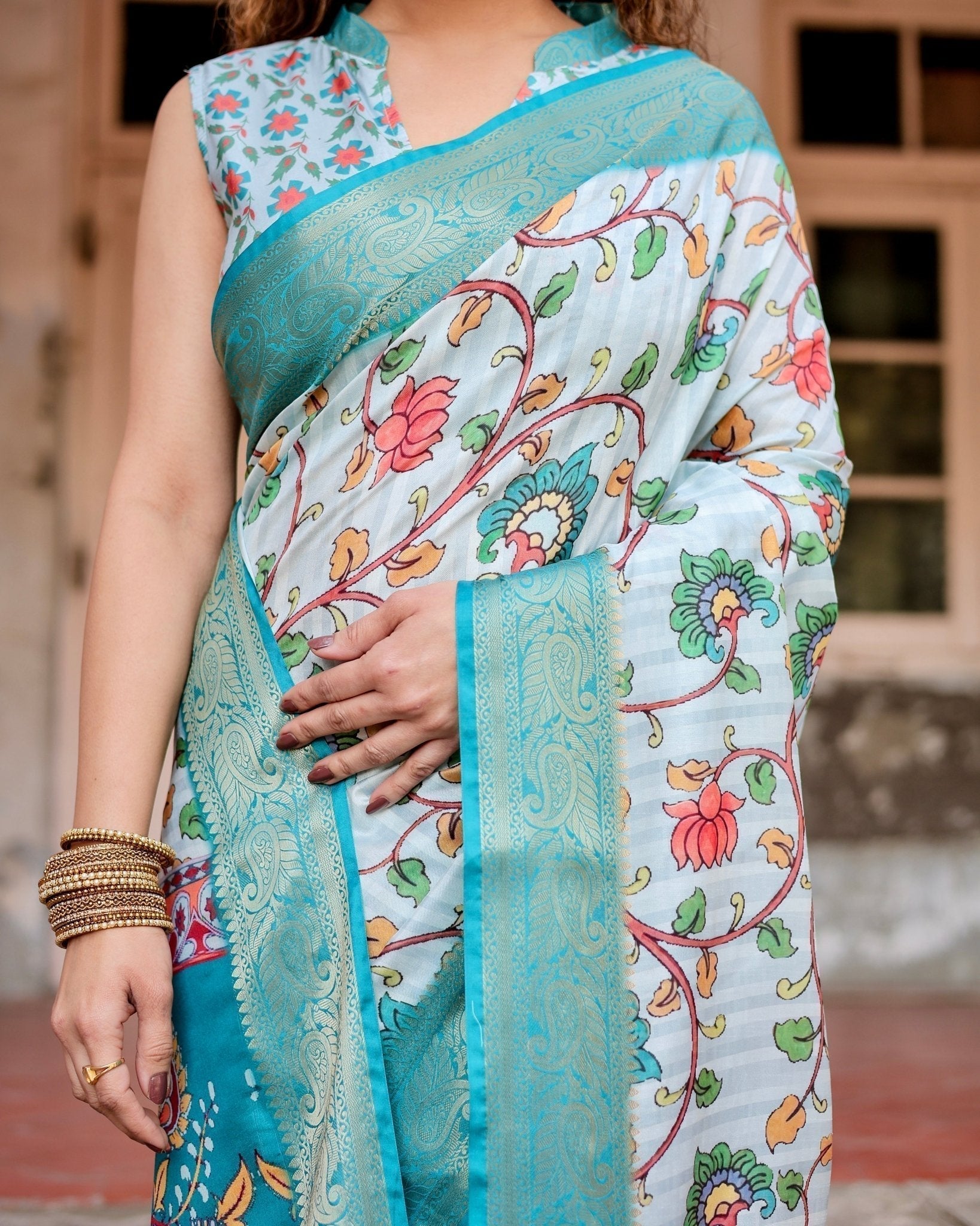 Pure Silk Digitally Printed Saree Weaved With Golden Zari Comes With Tassels