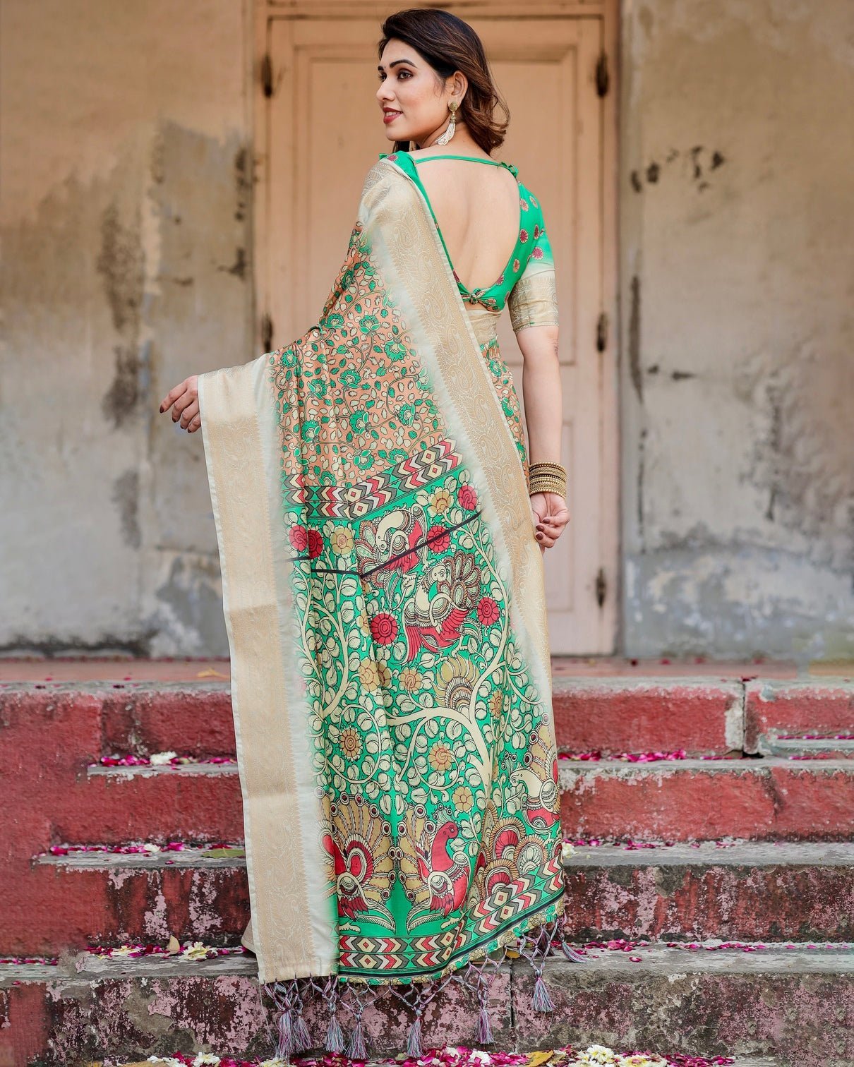 Pure Silk Digitally Printed Saree Weaved With Golden Zari Comes With Tassels - Fashion Dream Studio