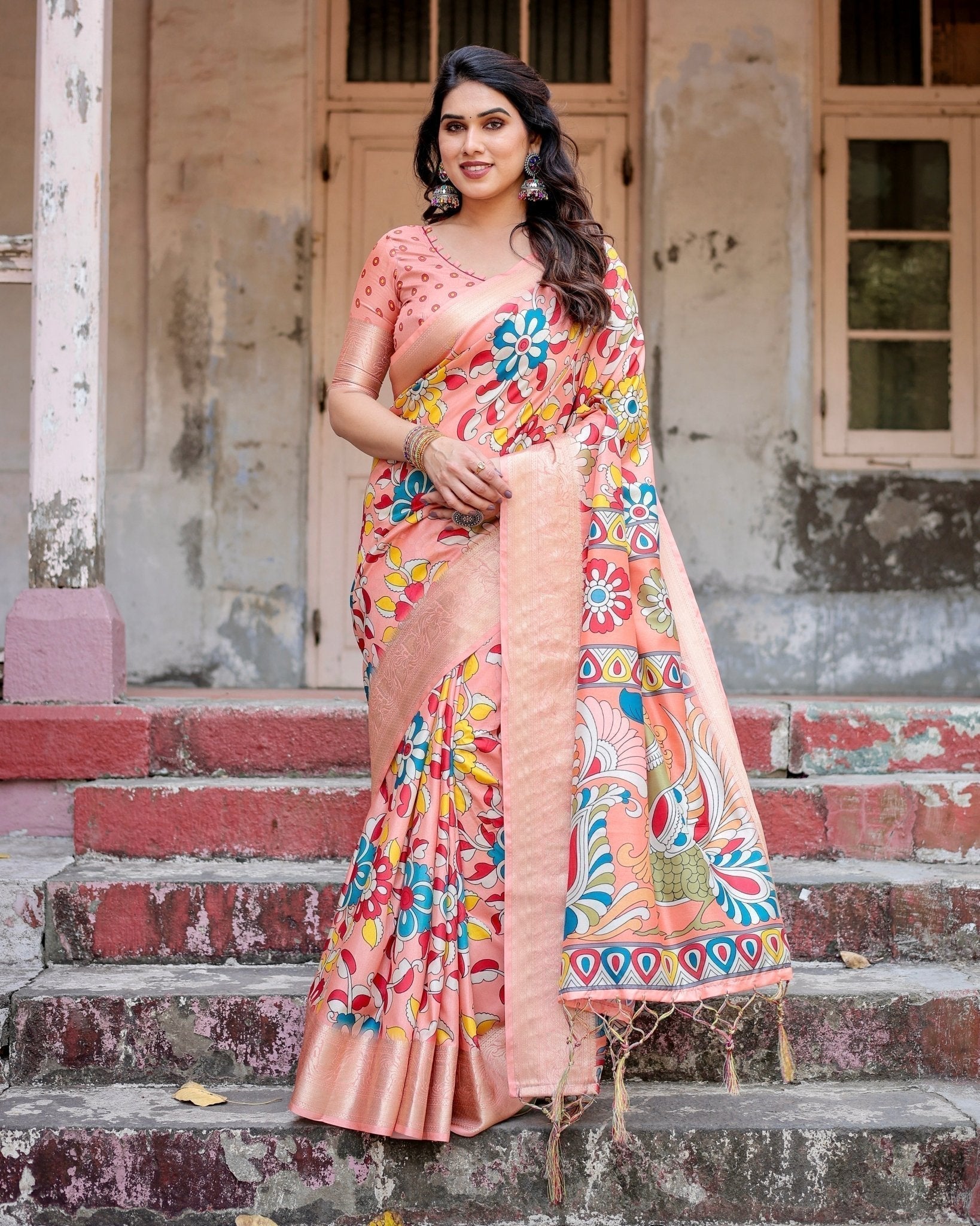 Pure Silk Digitally Printed Saree with Golden Zari and Tassels - Fashion Dream Studio