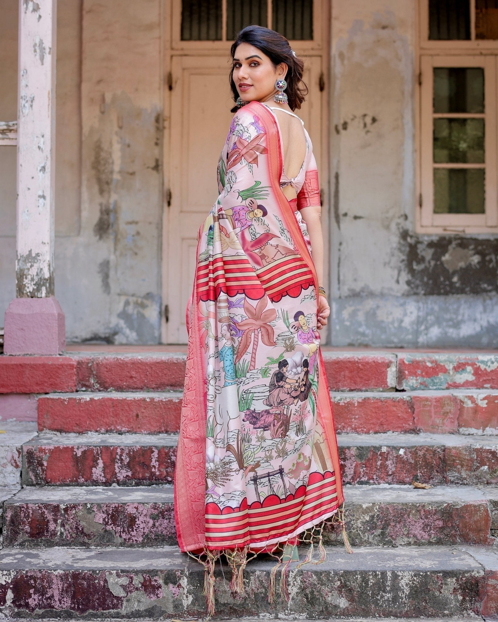 Pure Silk Digitally Printed Saree with Golden Zari and Tassels - Fashion Dream Studio