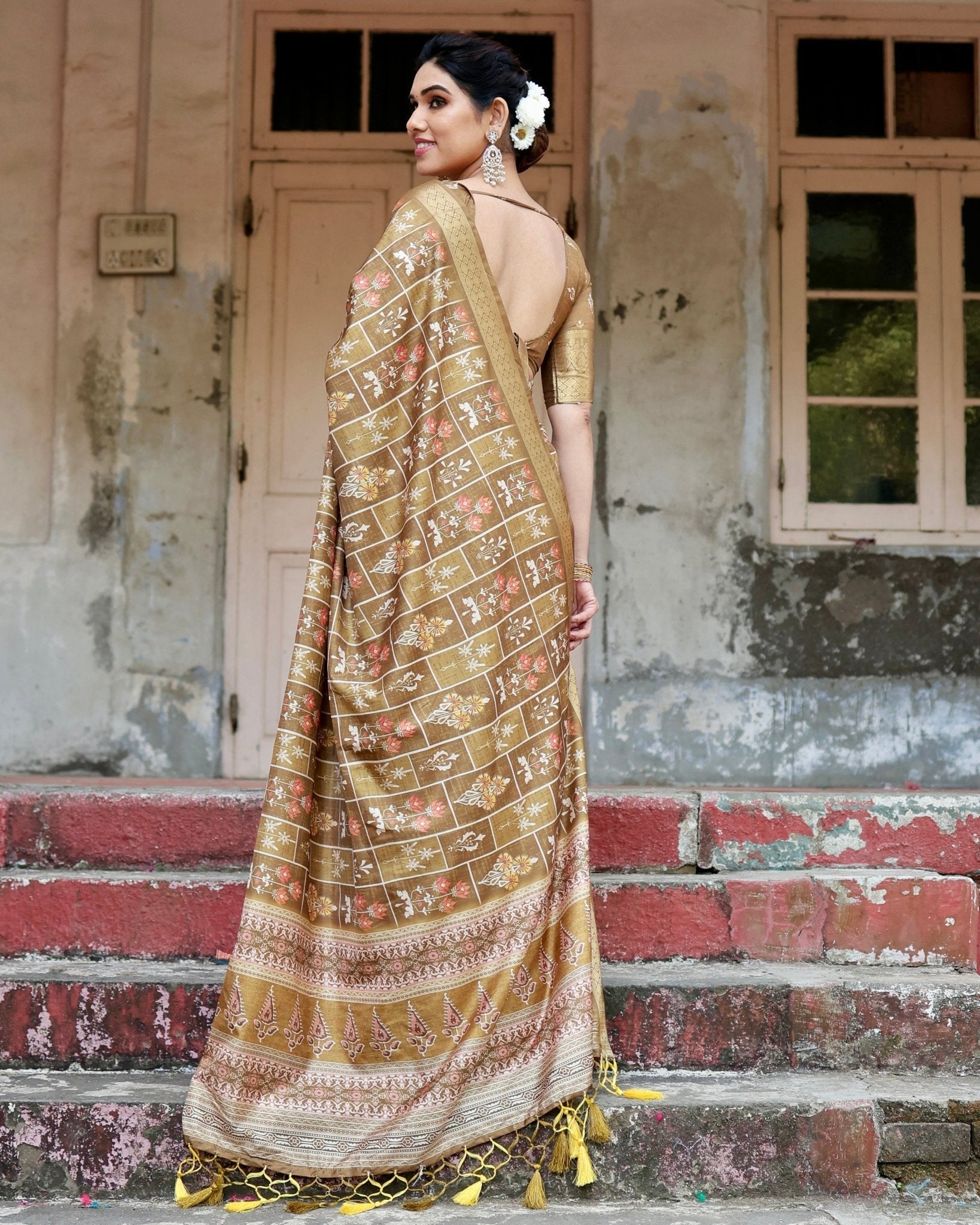 Pure Silk Digitally Printed Saree with Golden Zari and Tassels - Fashion Dream Studio