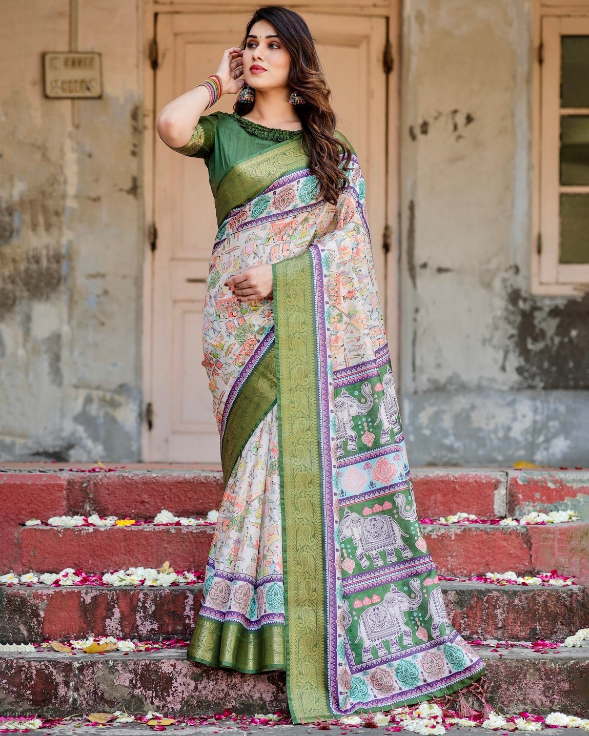 Pure Silk Digitally Printed Saree Weaved With Golden Zari Comes With Tassels - Fashion Dream Studio