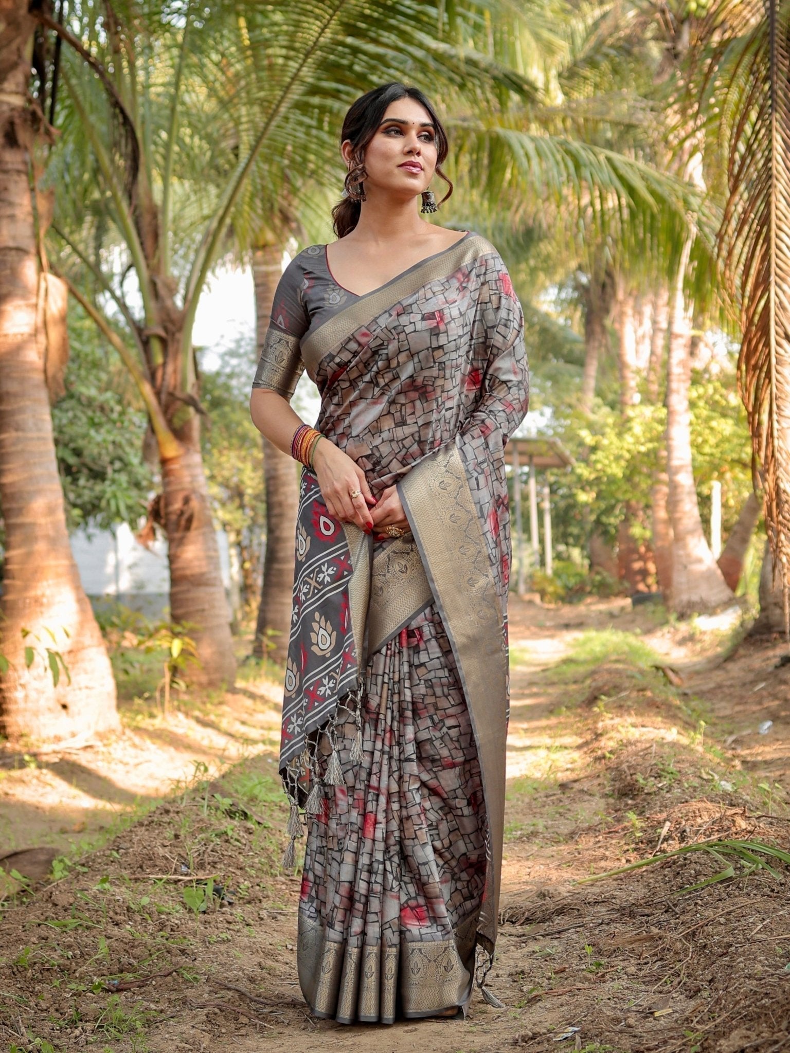 Pure Silk Digitally Printed Saree Weaved With Golden Zari Comes With Tassels - Fashion Dream Studio