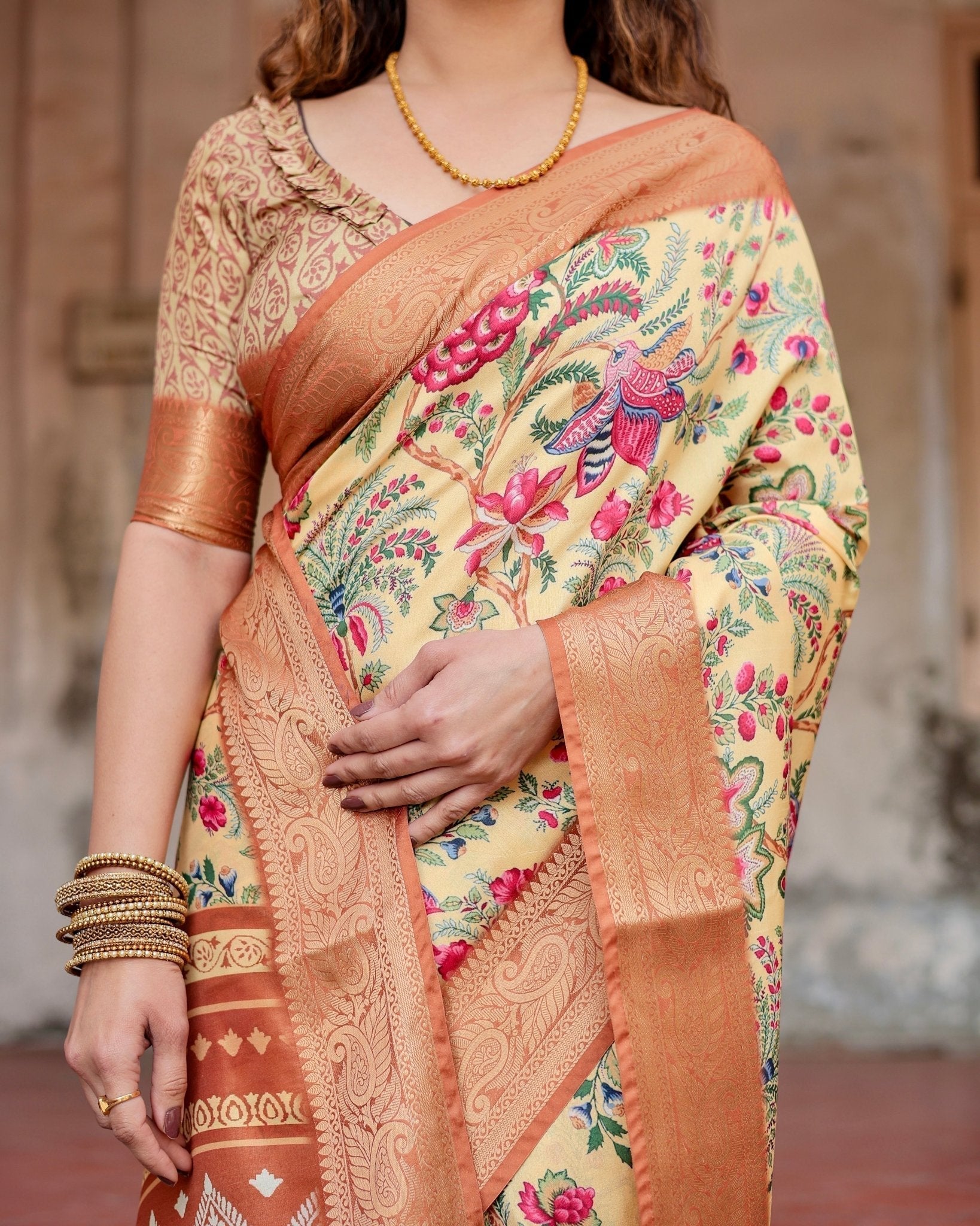 Pure Silk Digitally Printed Saree Weaved With Golden Zari Comes With Tassels - Fashion Dream Studio