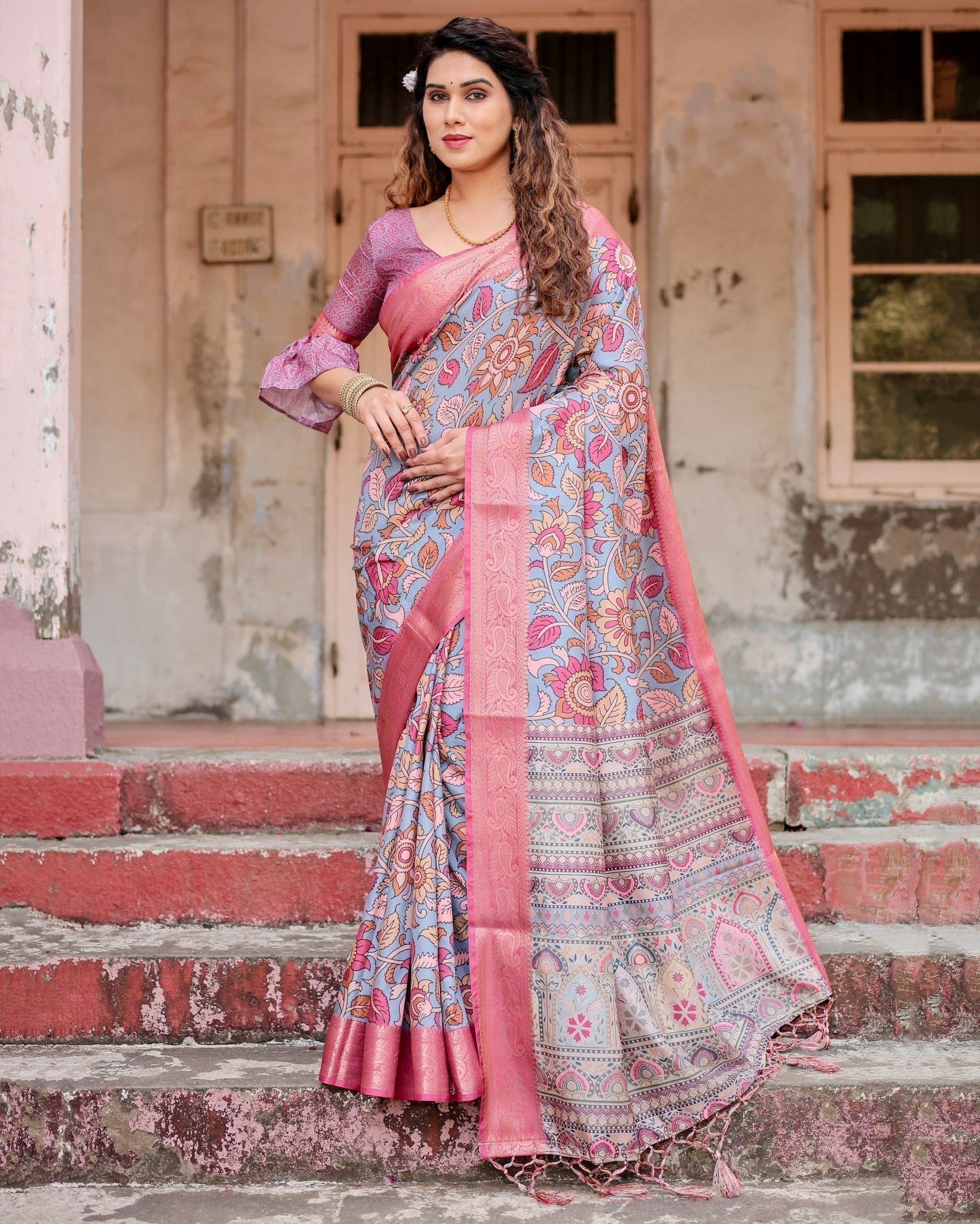 Pure Silk Digitally Printed Saree Weaved With Golden Zari Comes With Tassels - Fashion Dream Studio