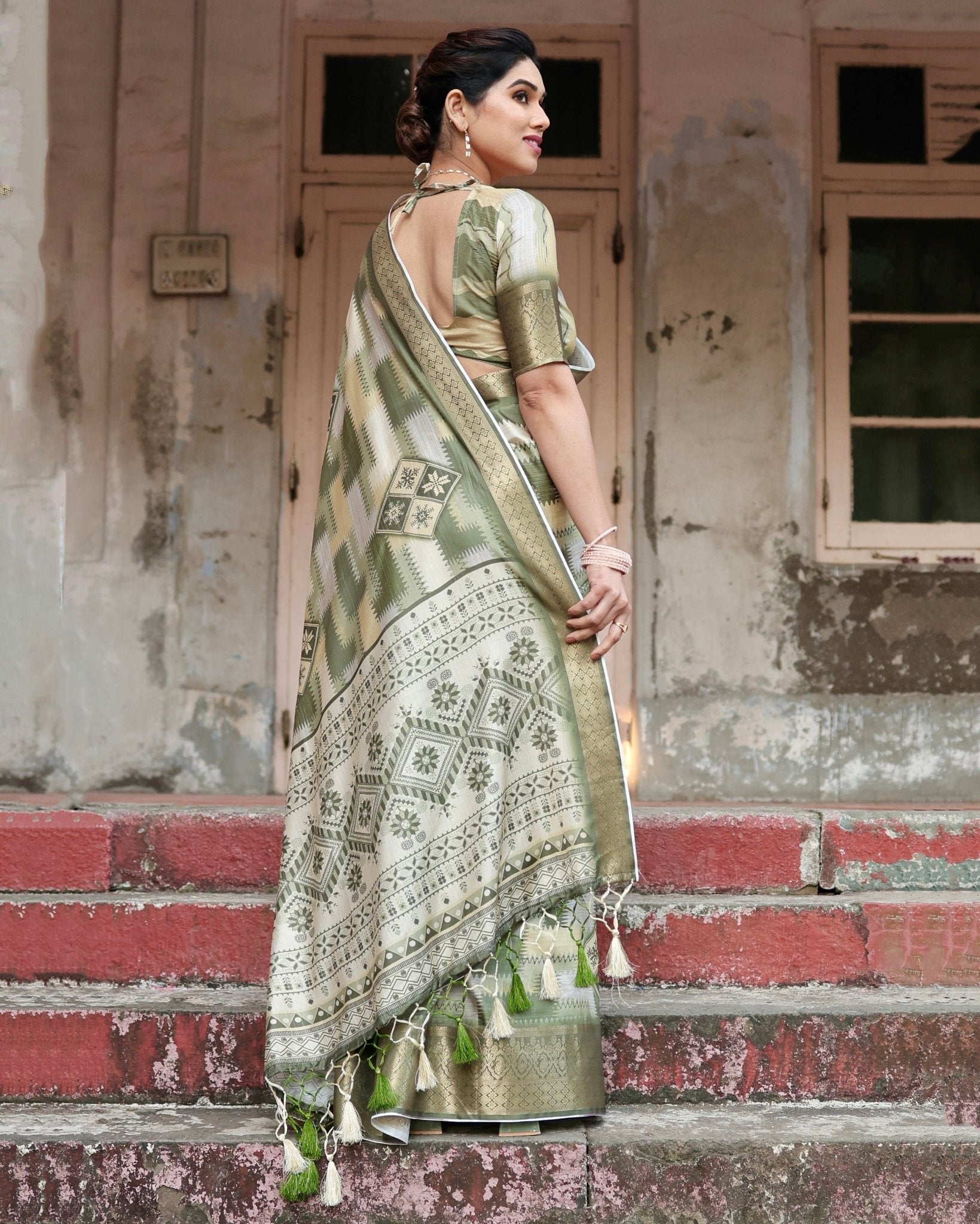 Olive Green Geometric Pure Silk Digital Print Saree with Gold Border and Tassels