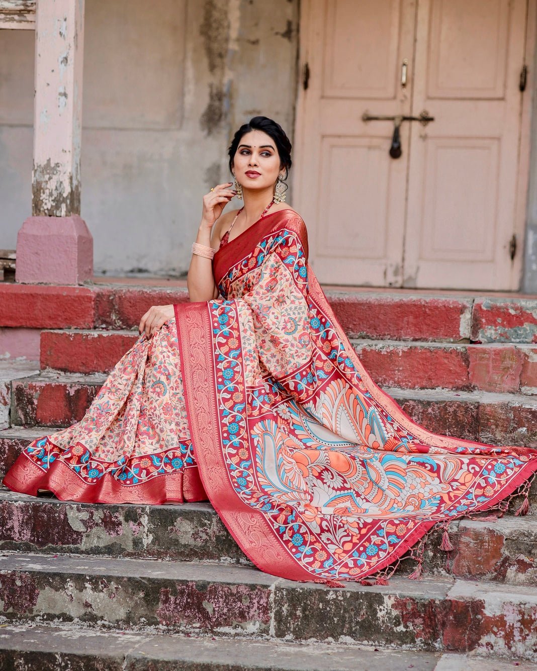 Pure Silk Digitally Printed Saree Weaved With Golden Zari Comes With Tassels - Fashion Dream Studio