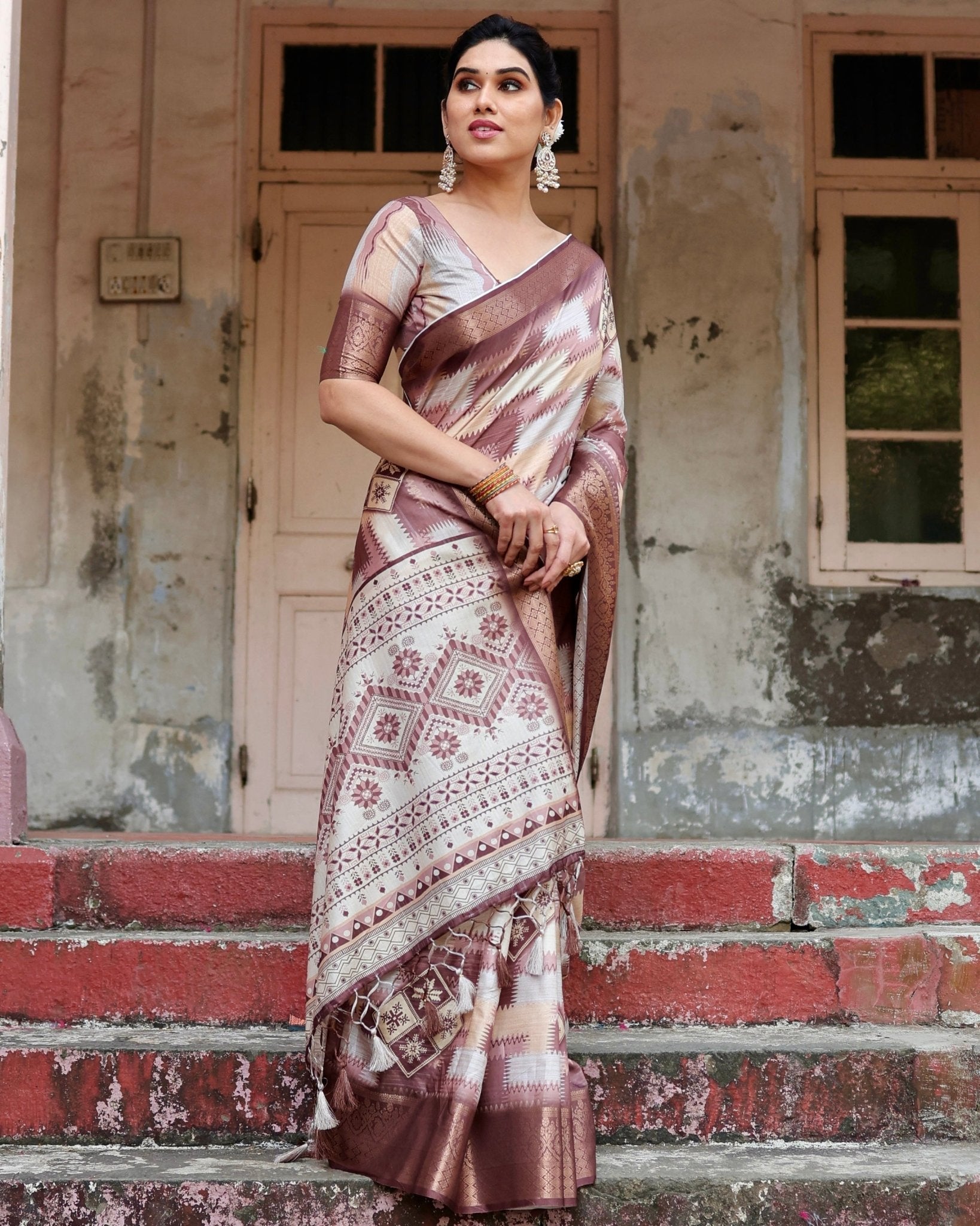 Pure Silk Digitally Printed Saree Weaved With Golden Zari Comes With Tassels - Fashion Dream Studio