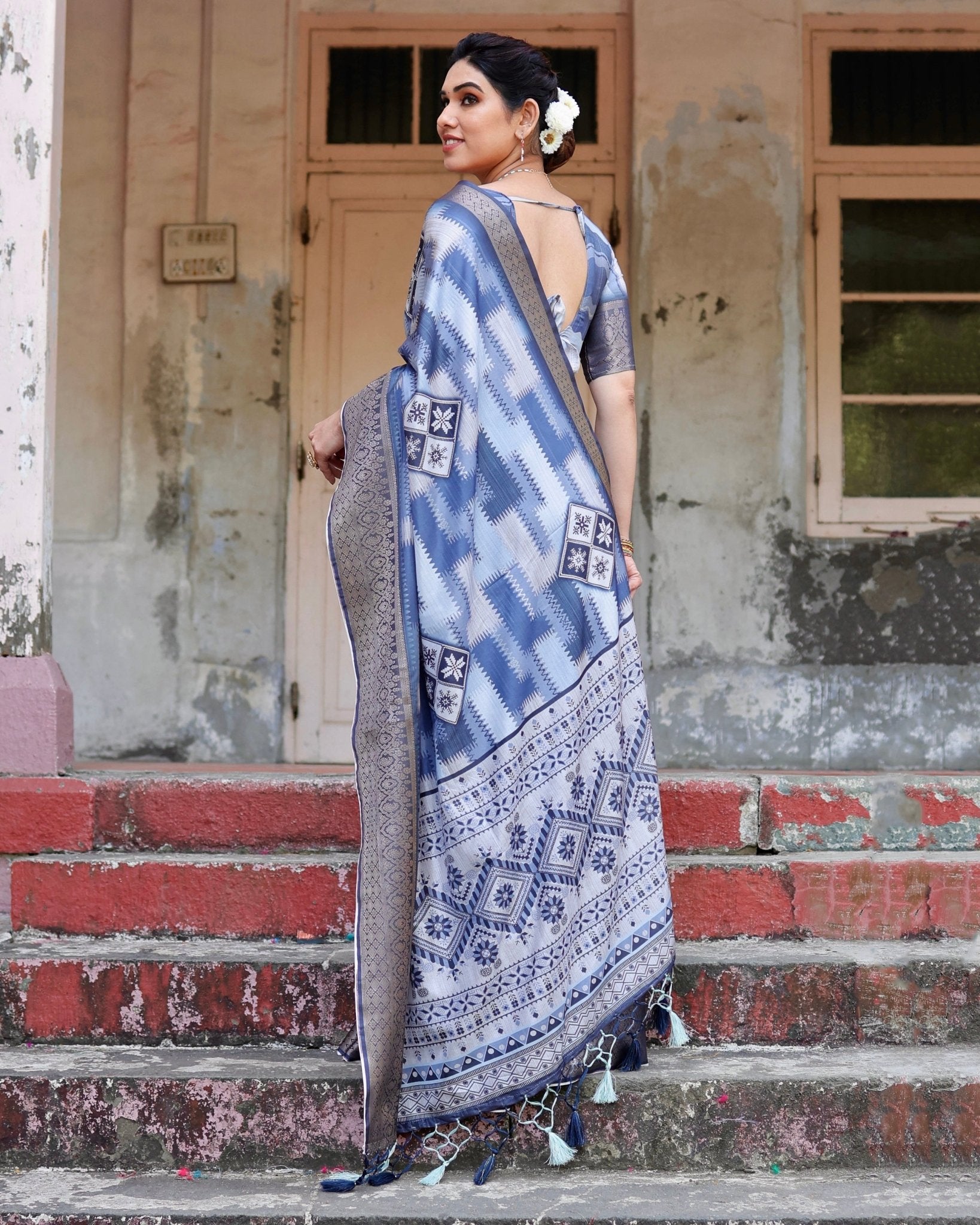 Pure Silk Digitally Printed Saree Weaved With Golden Zari Comes With Tassels - Fashion Dream Studio