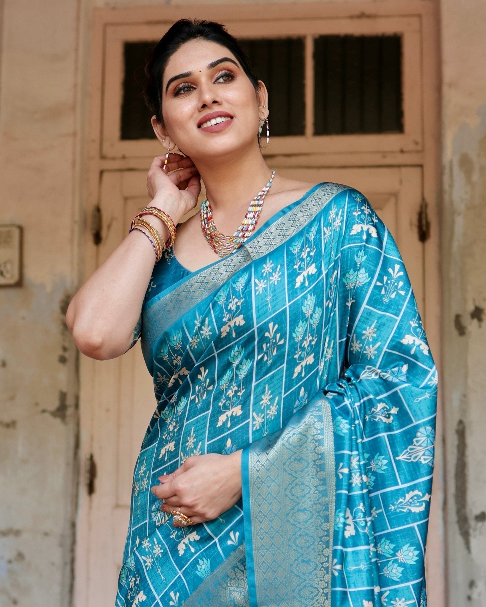 Pure Silk Digitally Printed Saree with Golden Zari and Tassels - Fashion Dream Studio