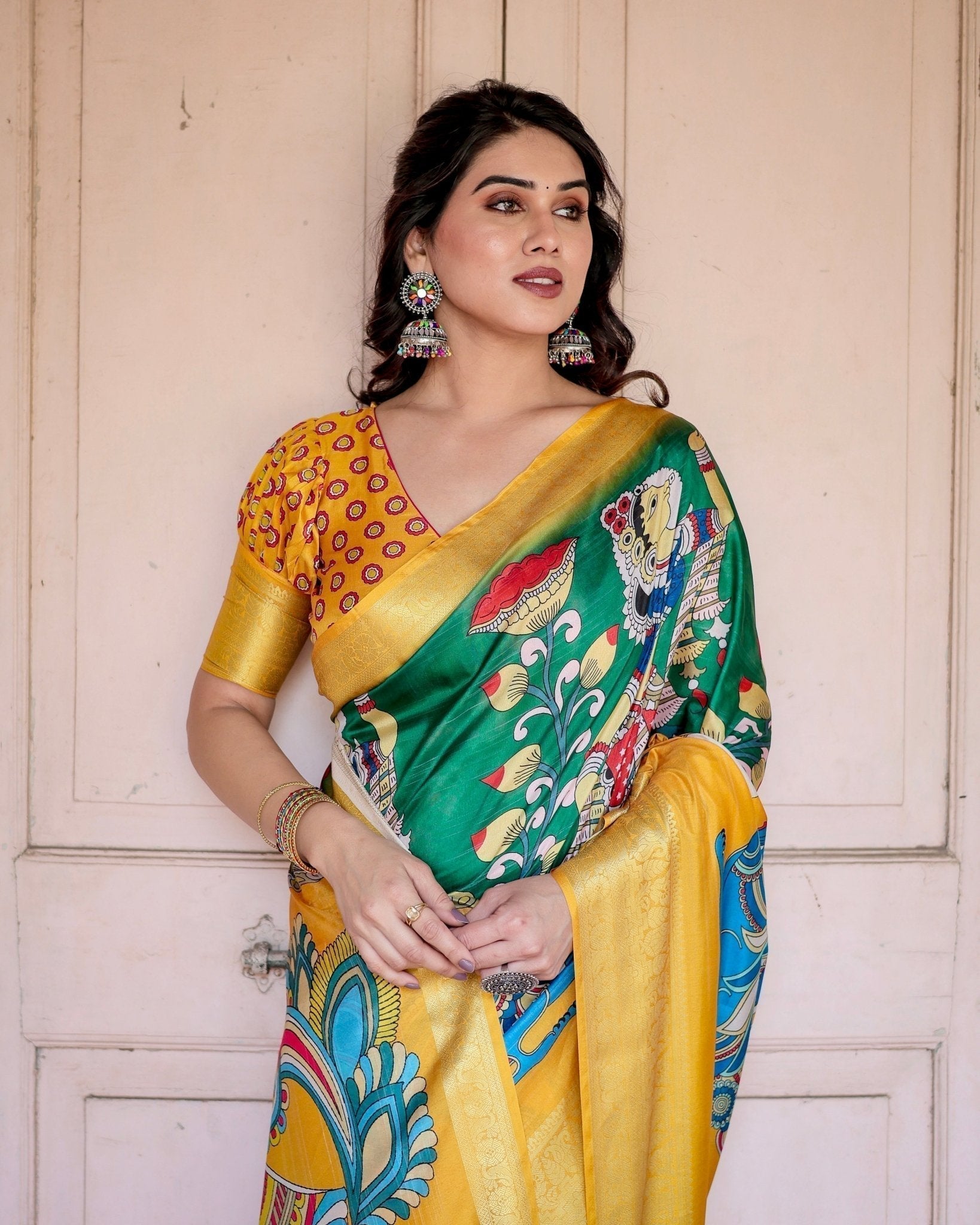 Pure Silk Digitally Printed Saree with Golden Zari and Tassels - Fashion Dream Studio