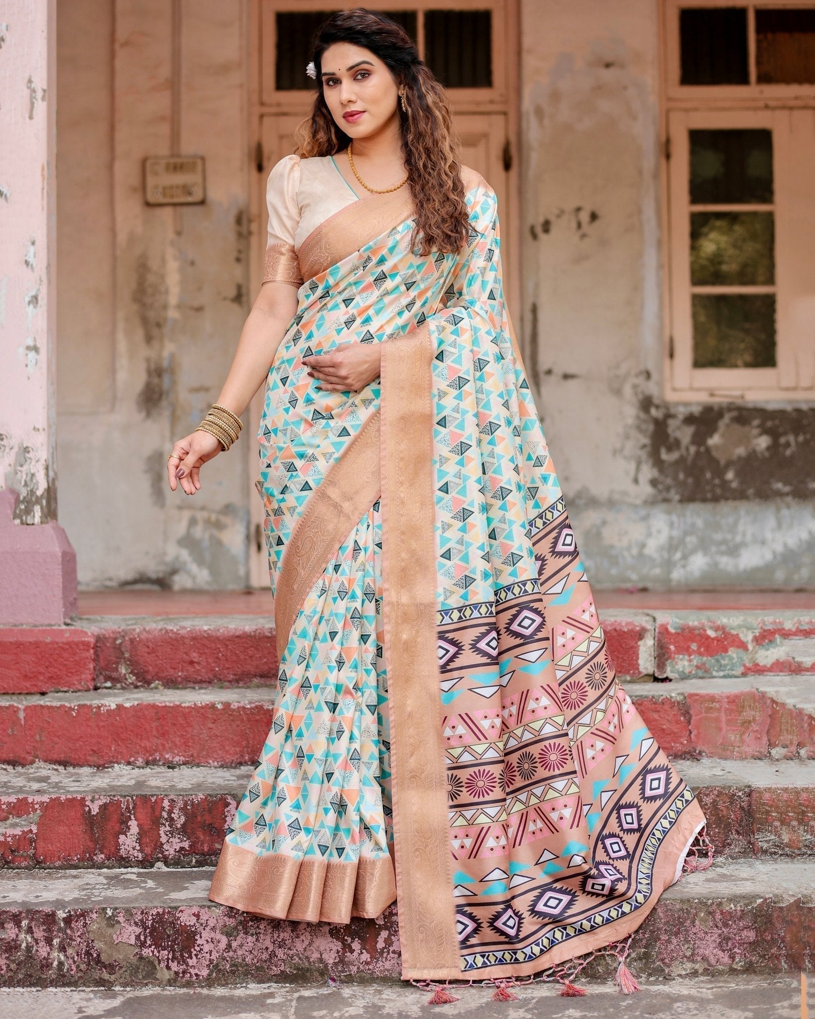 Pure Silk Digitally Printed Saree Weaved With Golden Zari Comes With Tassels - Fashion Dream Studio