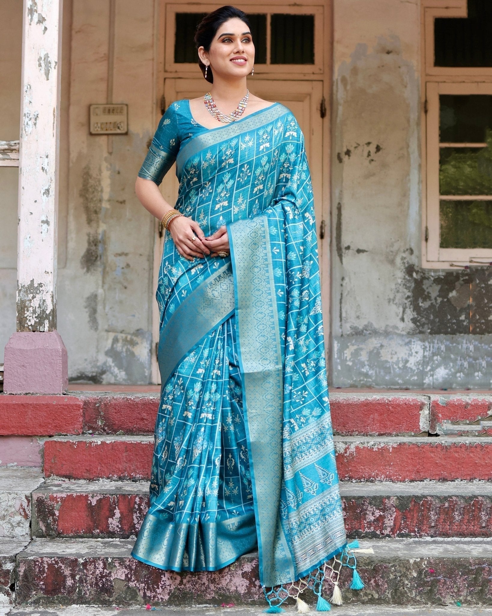 Pure Silk Digitally Printed Saree with Golden Zari and Tassels