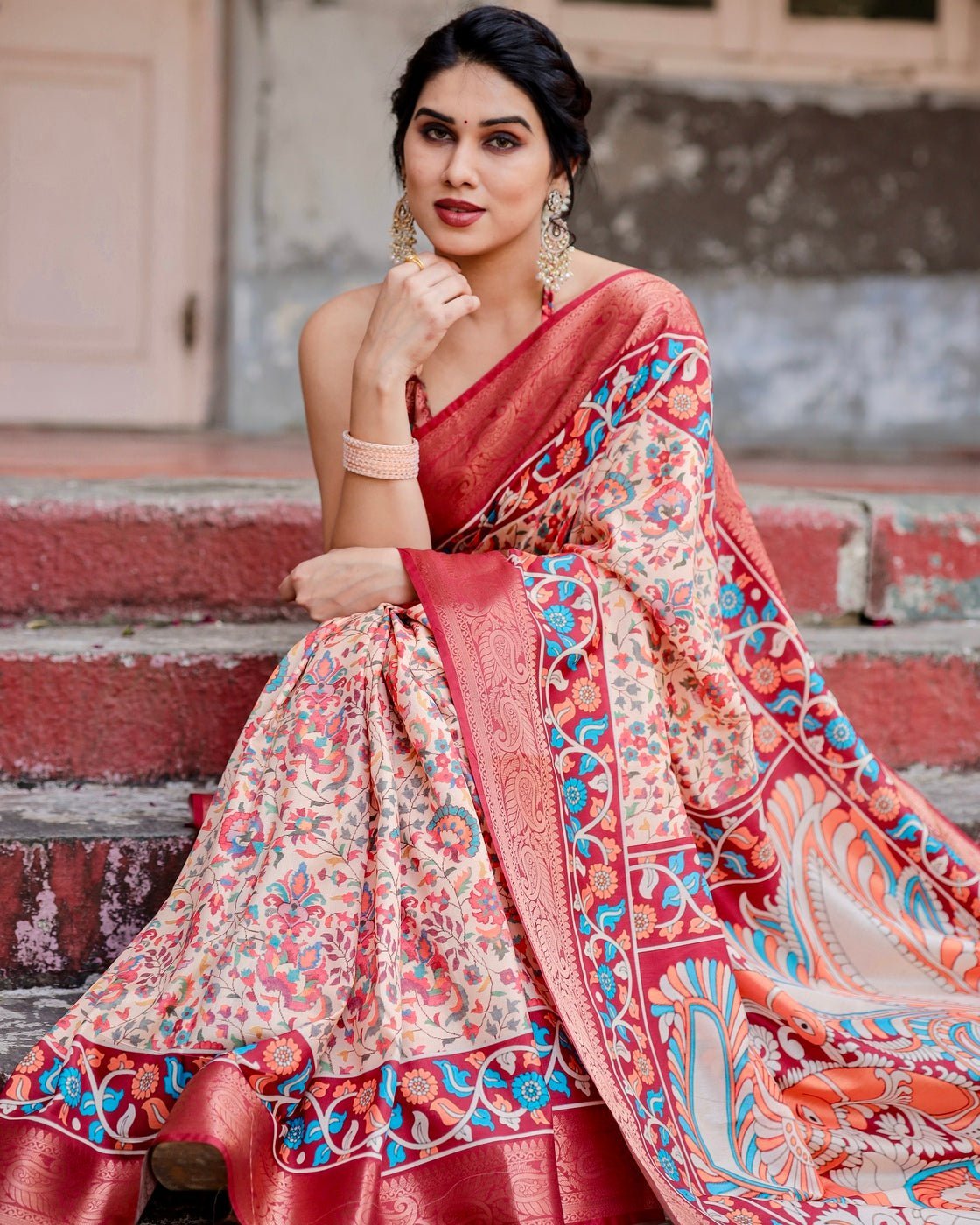 Pure Silk Digitally Printed Saree Weaved With Golden Zari Comes With Tassels - Fashion Dream Studio