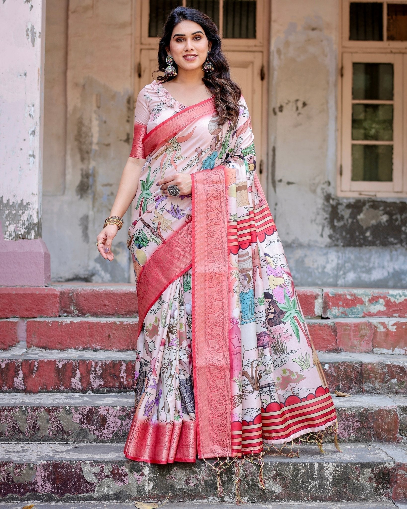 Pure Silk Digitally Printed Saree with Golden Zari and Tassels - Fashion Dream Studio