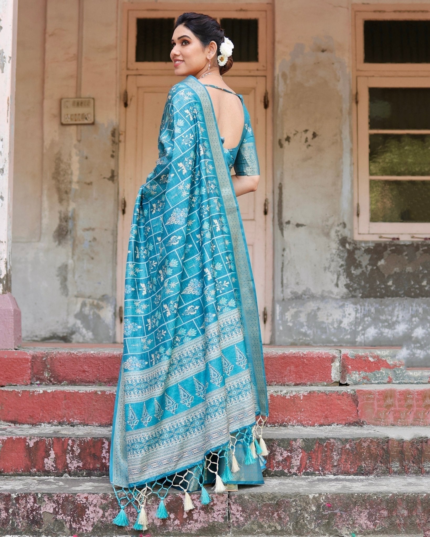 Pure Silk Digitally Printed Saree with Golden Zari and Tassels - Fashion Dream Studio