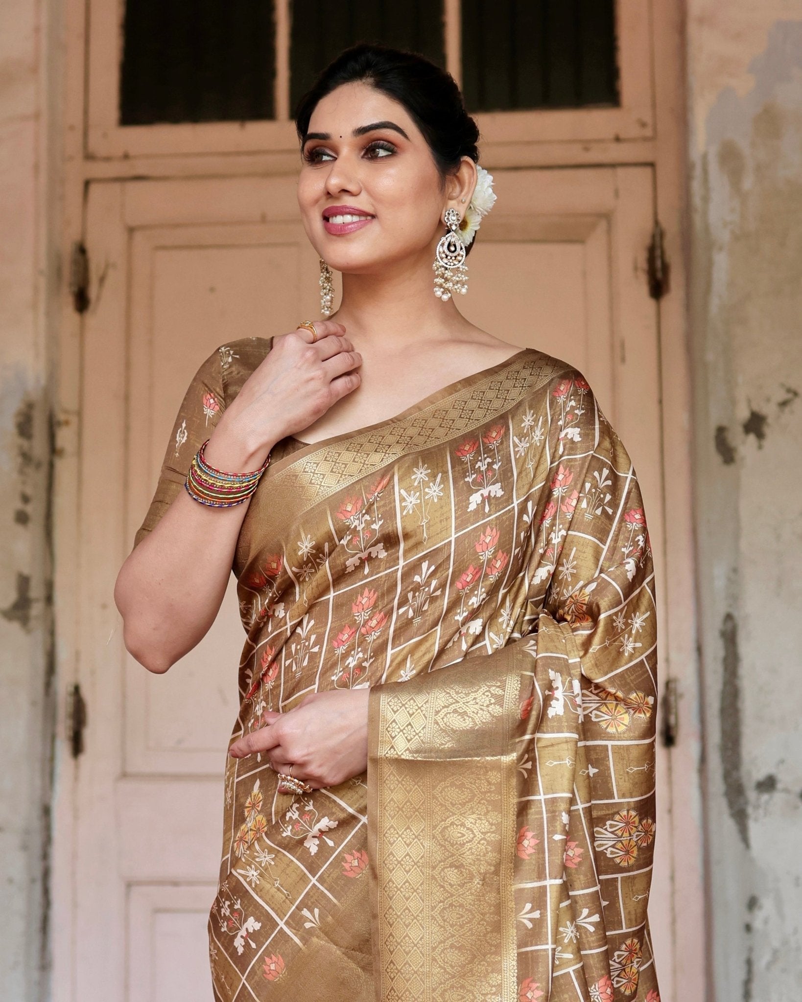 Pure Silk Digitally Printed Saree with Golden Zari and Tassels - Fashion Dream Studio