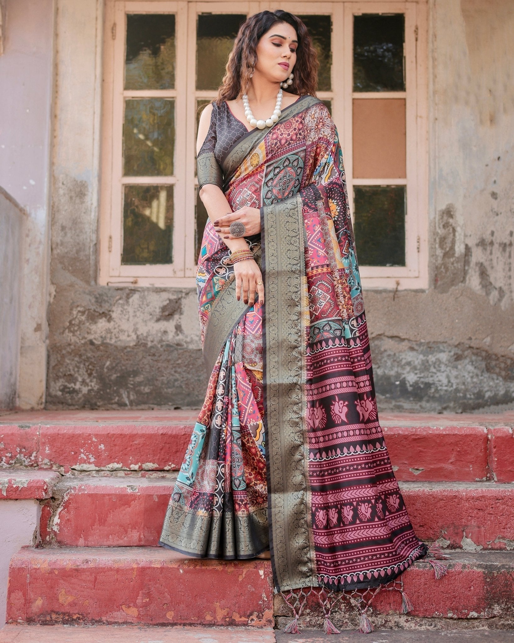 Pure Silk Digitally Printed Saree Weaved With Golden Zari Comes With Tassels - Fashion Dream Studio