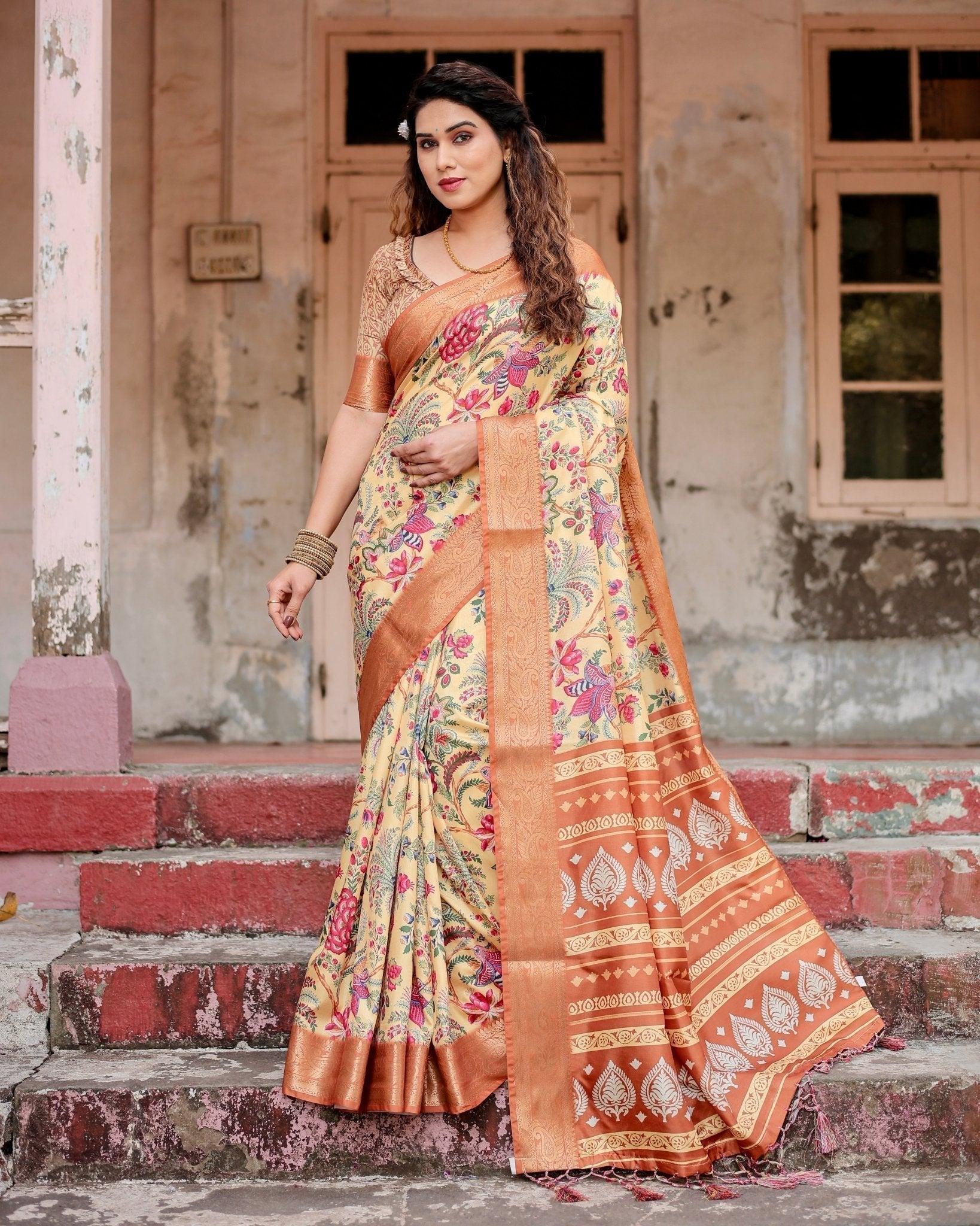 Pure Silk Digitally Printed Saree Weaved With Golden Zari Comes With Tassels - Fashion Dream Studio