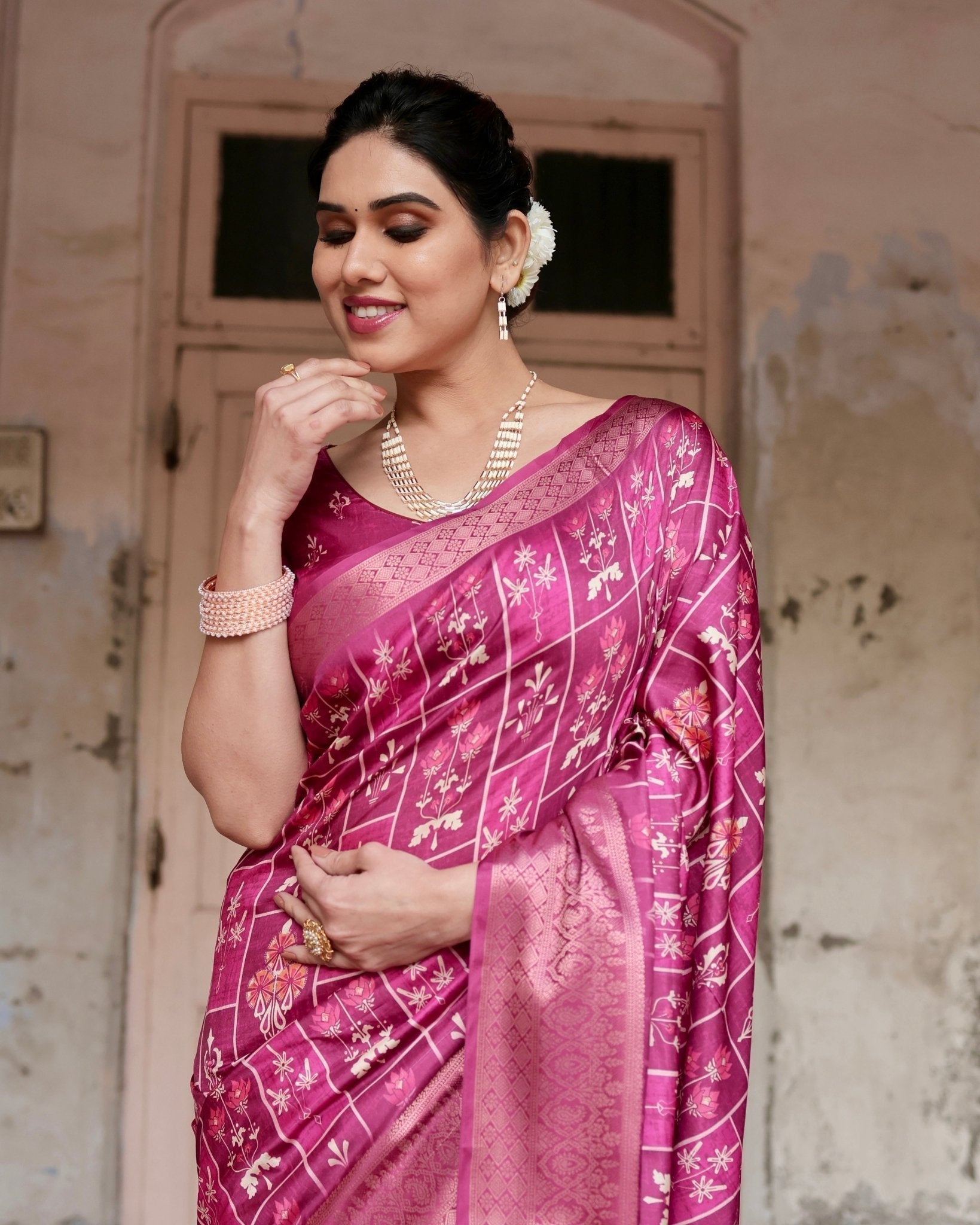 Pure Silk Digitally Printed Saree with Golden Zari and Tassels - Fashion Dream Studio