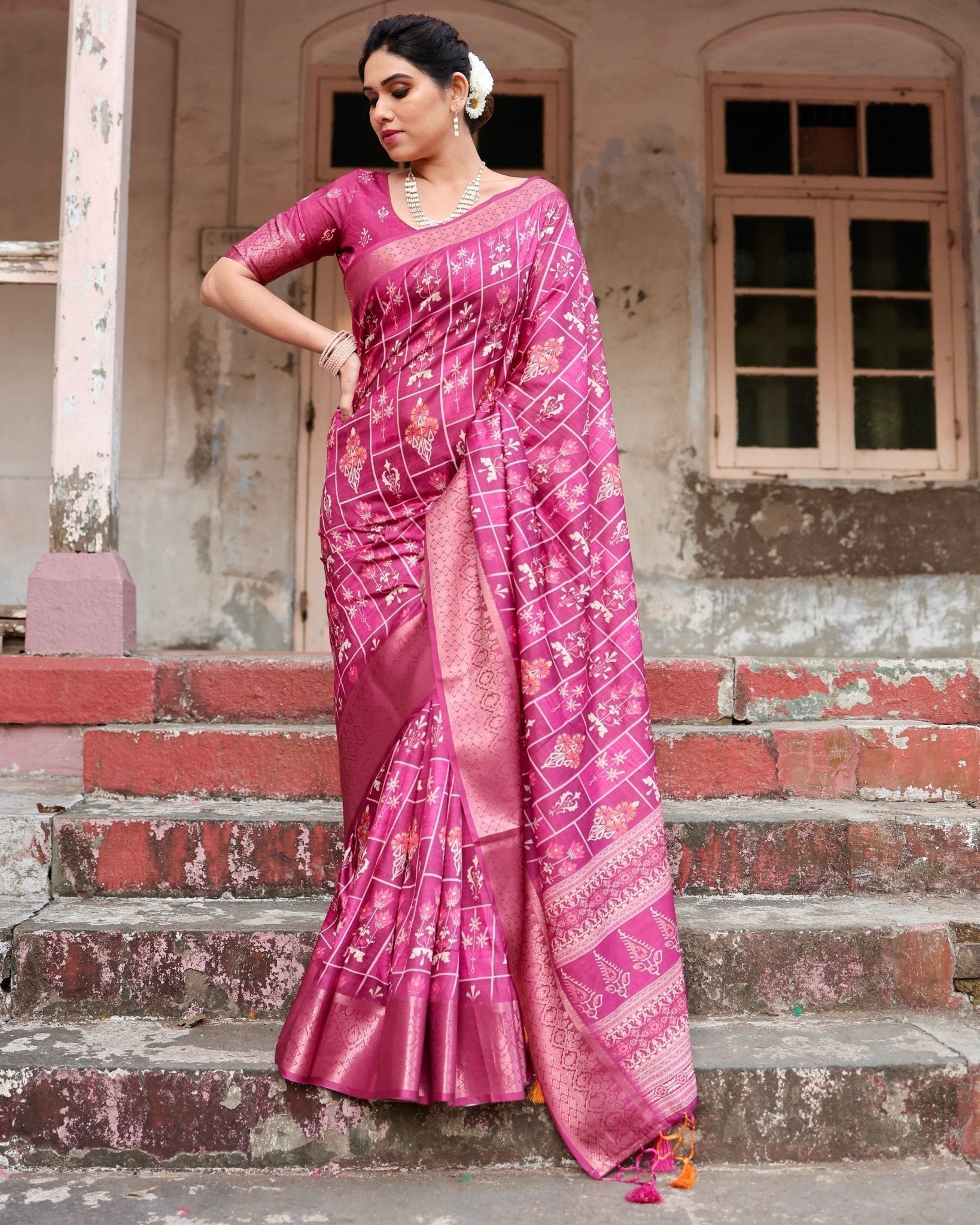 Pure Silk Digitally Printed Saree with Golden Zari and Tassels - Fashion Dream Studio