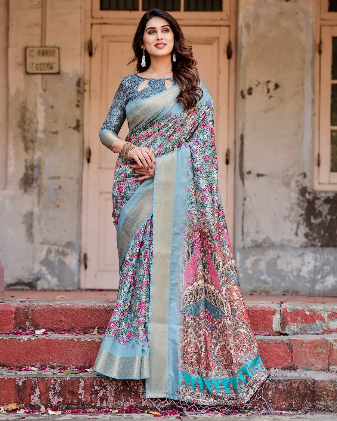 Pure Silk Digitally Printed Saree Weaved With Golden Zari Comes With Tassels - Fashion Dream Studio