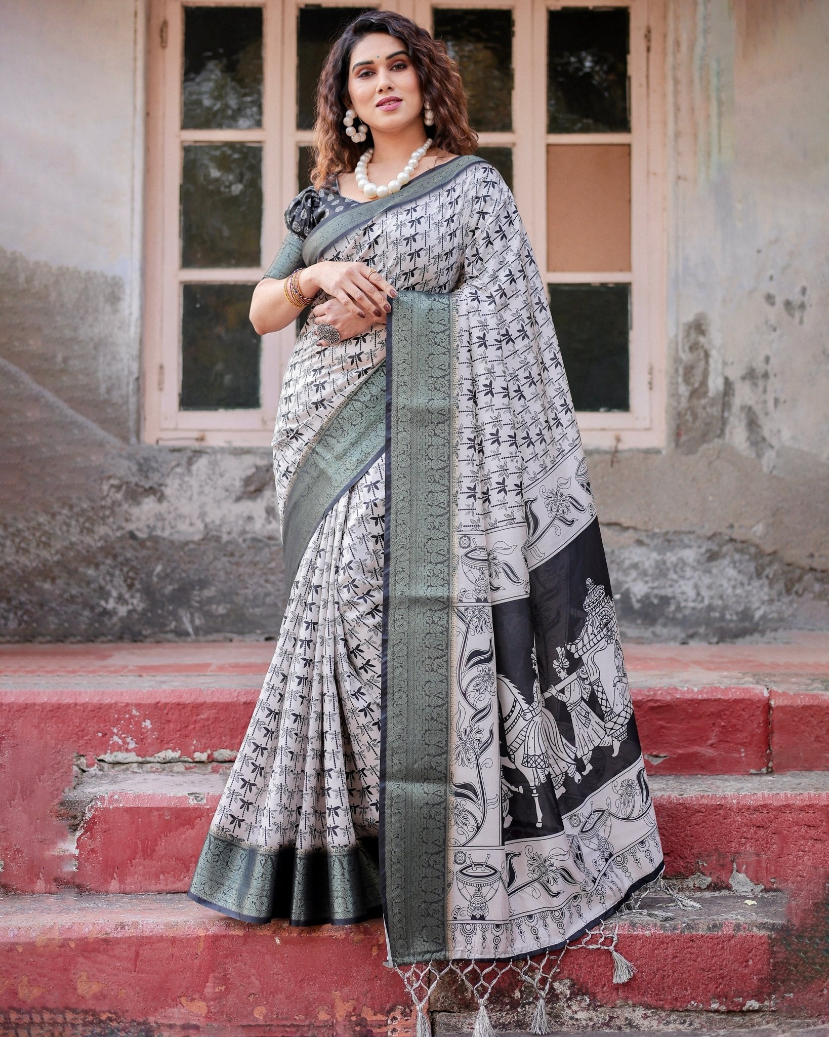 Pure Silk Digitally Printed Saree Weaved With Golden Zari Comes With Tassels - Fashion Dream Studio