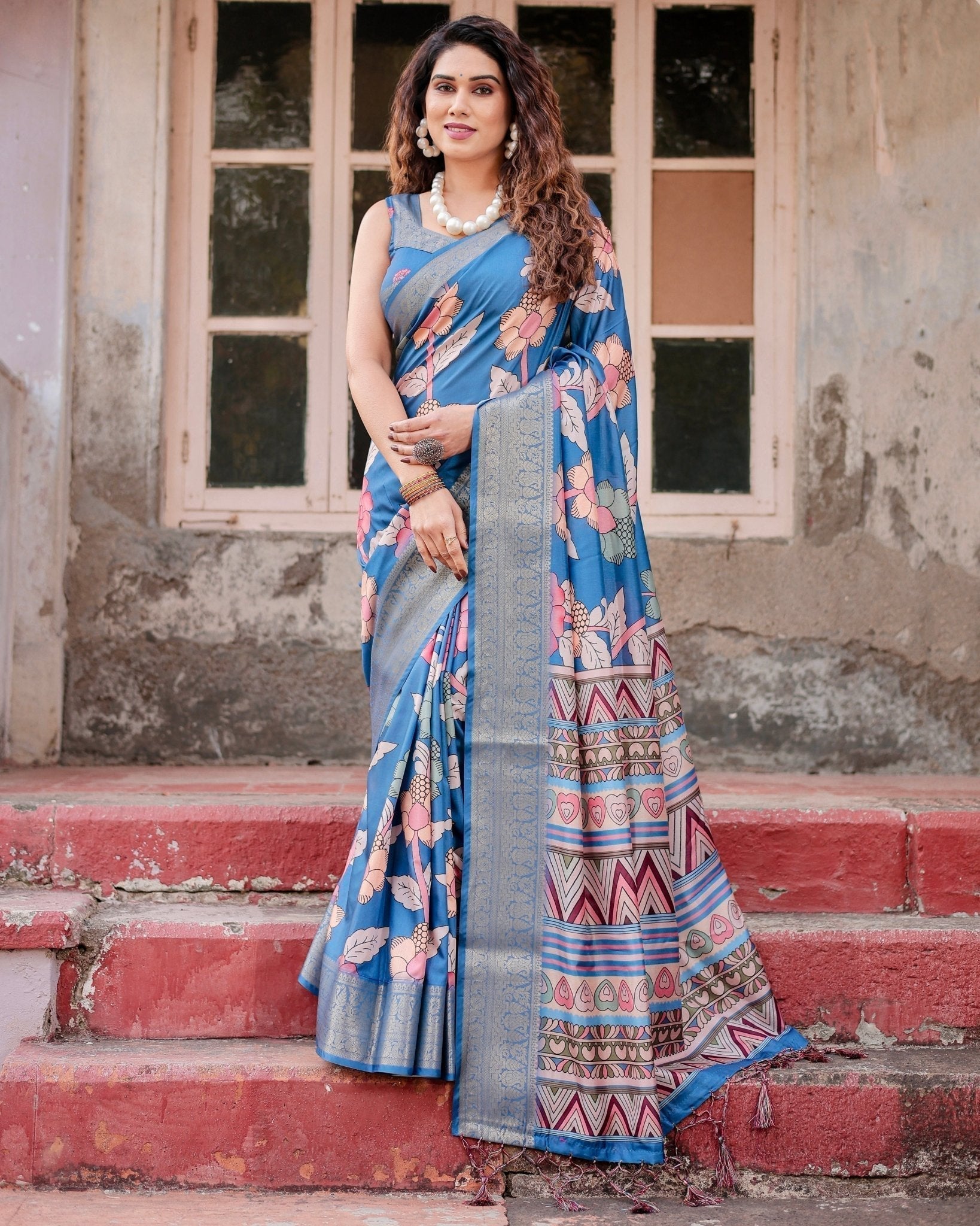 Pure Silk Digitally Printed Saree Weaved With Golden Zari Comes With Tassels - Fashion Dream Studio