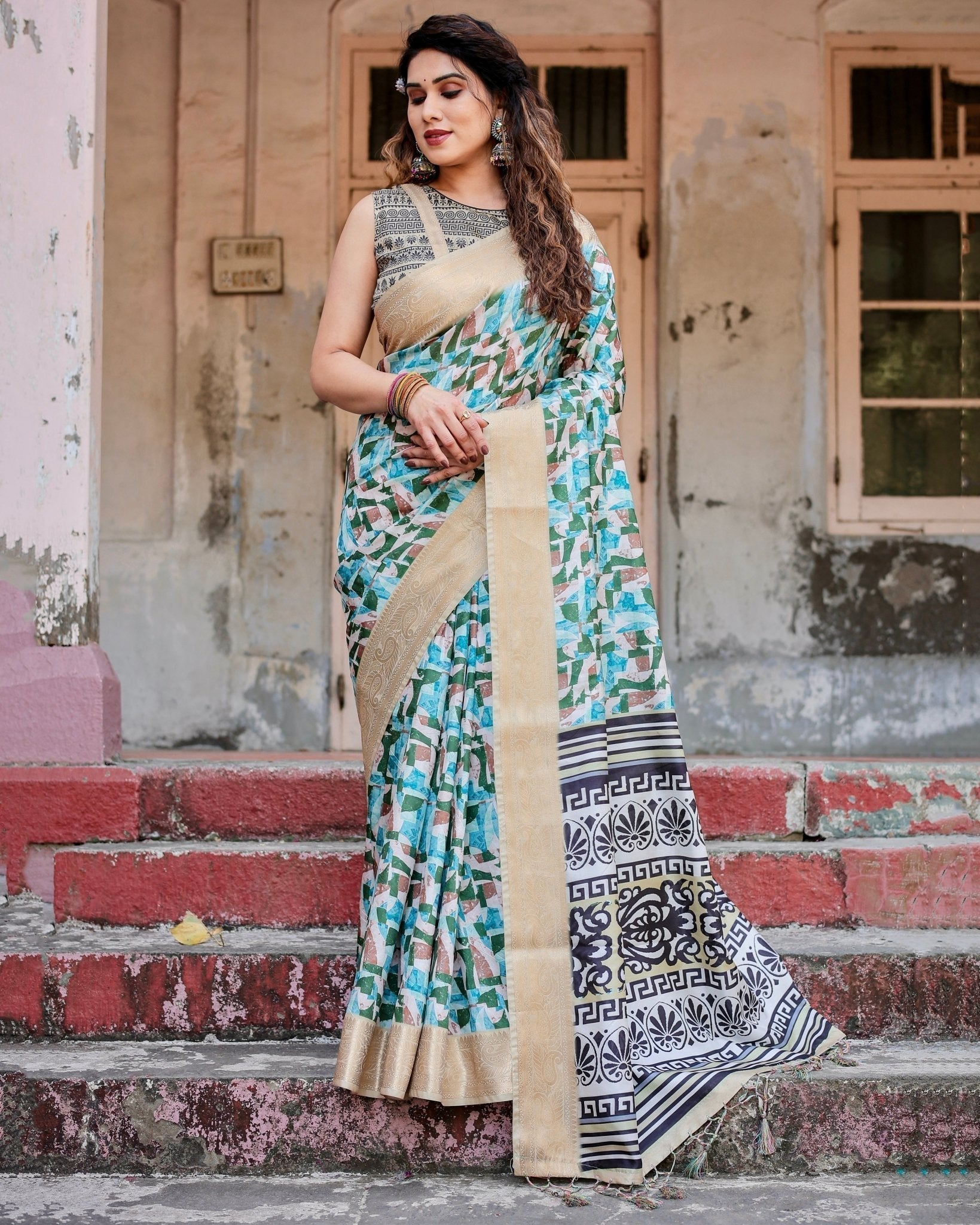 Pure Silk Digitally Printed Saree Weaved With Golden Zari Comes With Tassels - Fashion Dream Studio