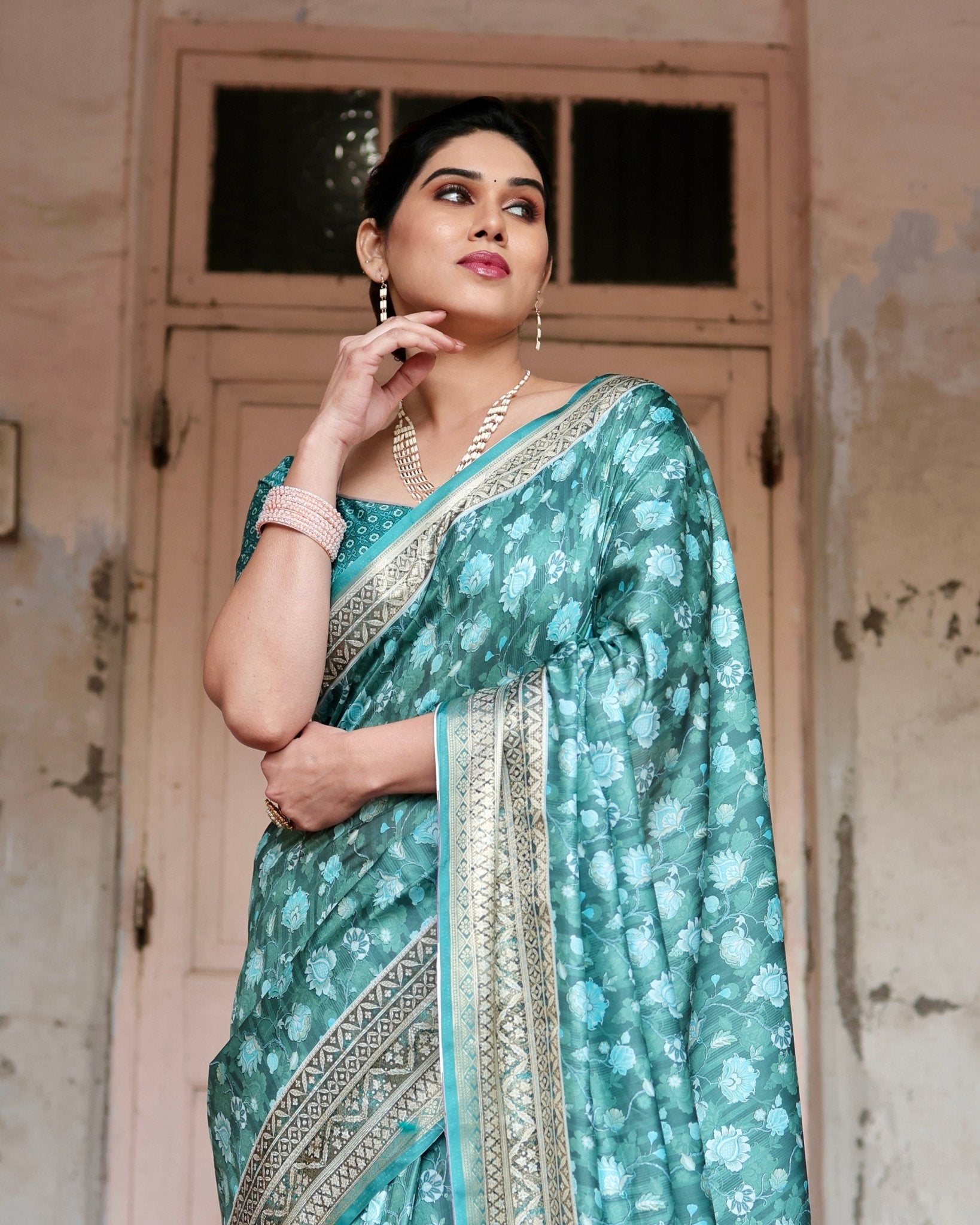 Teal Green Floral Pure Silk Digital Print Saree with Silver Border and Tassels - Fashion Dream Studio