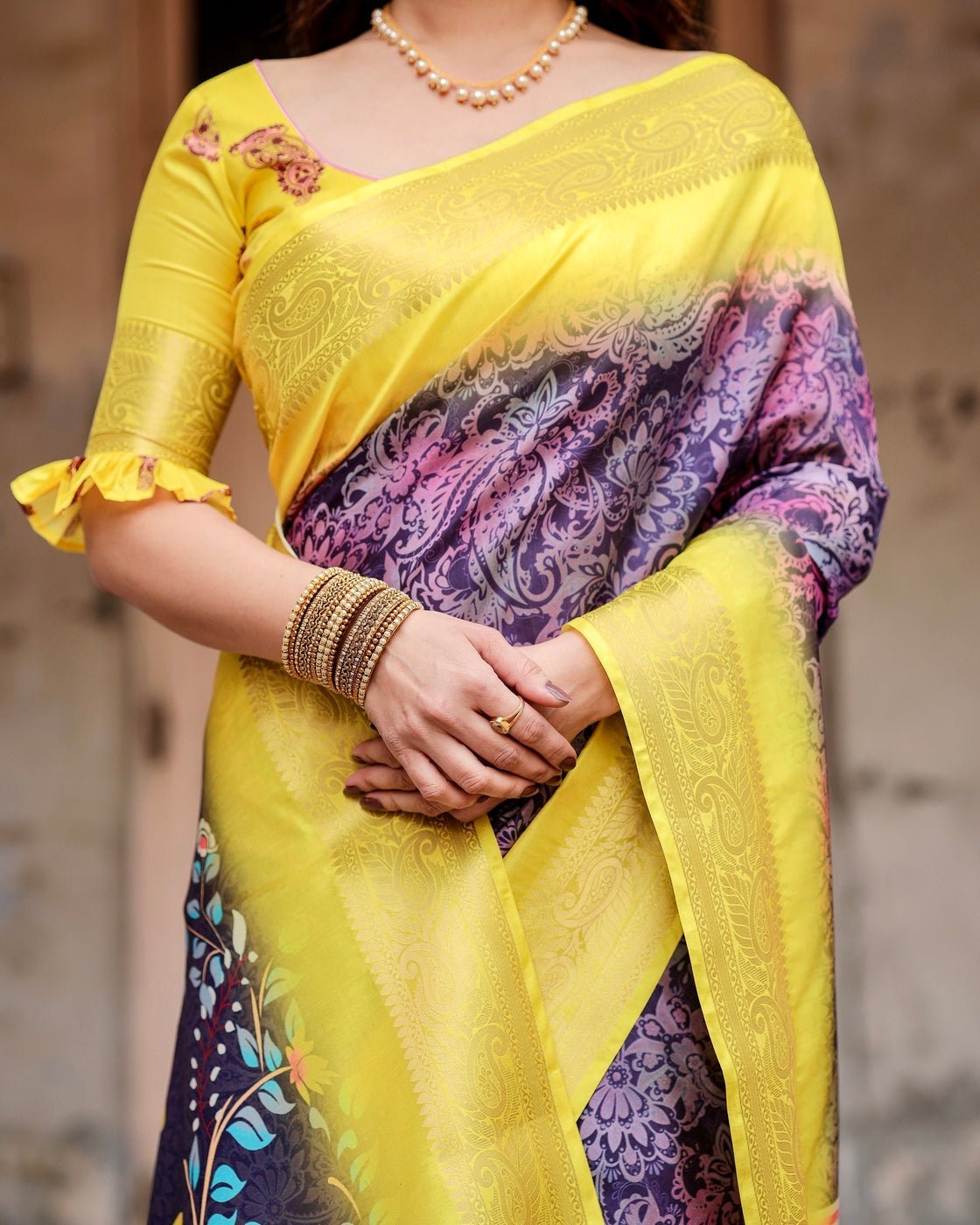 Pure Silk Digitally Printed Saree Weaved With Golden Zari Comes With Tassels