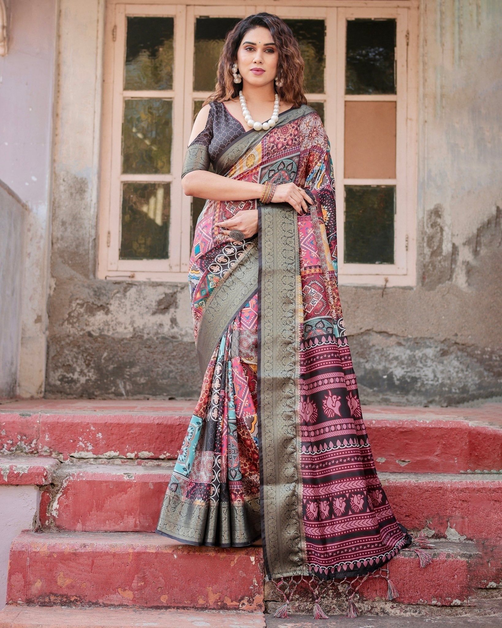 Pure Silk Digitally Printed Saree Weaved With Golden Zari Comes With Tassels - Fashion Dream Studio