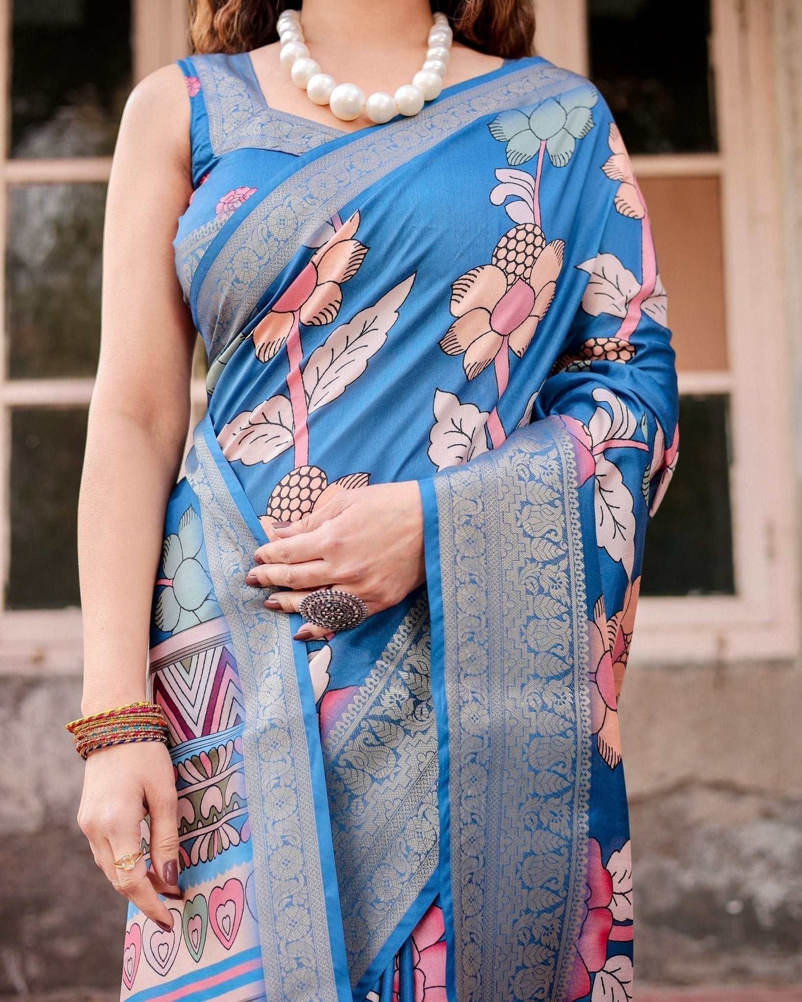 Pure Silk Digitally Printed Saree Weaved With Golden Zari Comes With Tassels