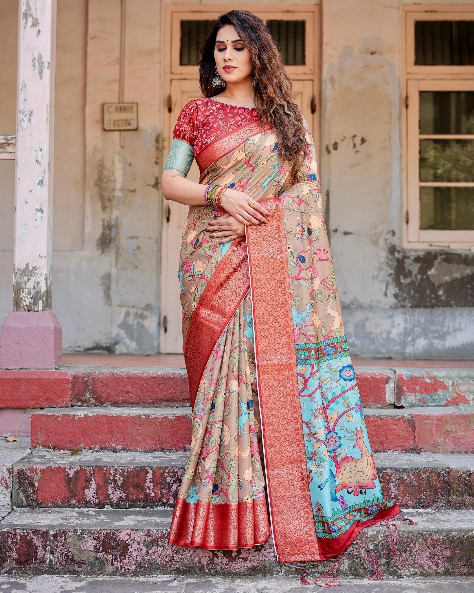 Pure Silk Digitally Printed Saree Weaved With Golden Zari Comes With Tassels - Fashion Dream Studio