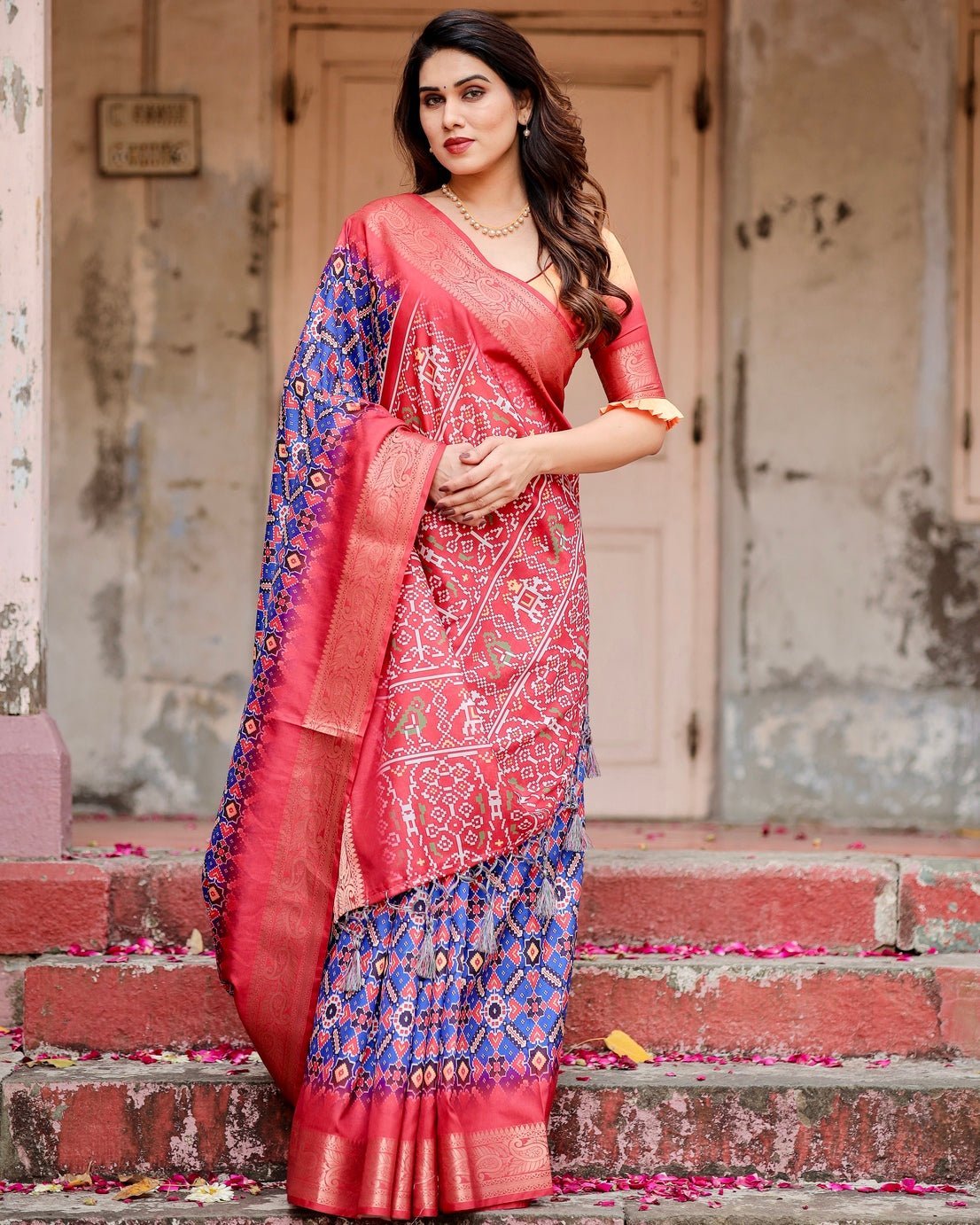 Pure Silk Digitally Printed Saree Weaved With Golden Zari Comes With Tassels - Fashion Dream Studio