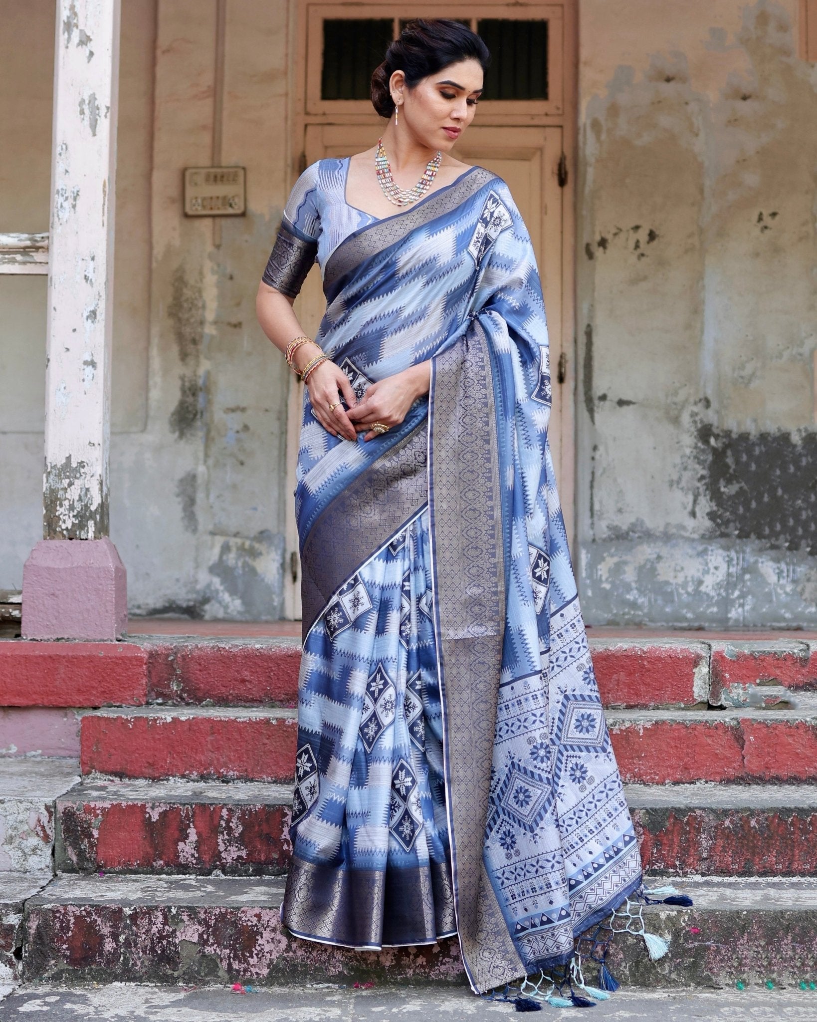 Pure Silk Digitally Printed Saree Weaved With Golden Zari Comes With Tassels - Fashion Dream Studio