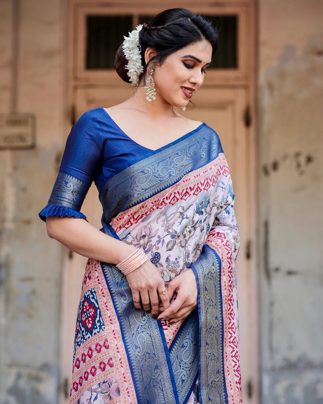 Pure Silk Digitally Printed Saree Weaved With Golden Zari Comes With Tassels