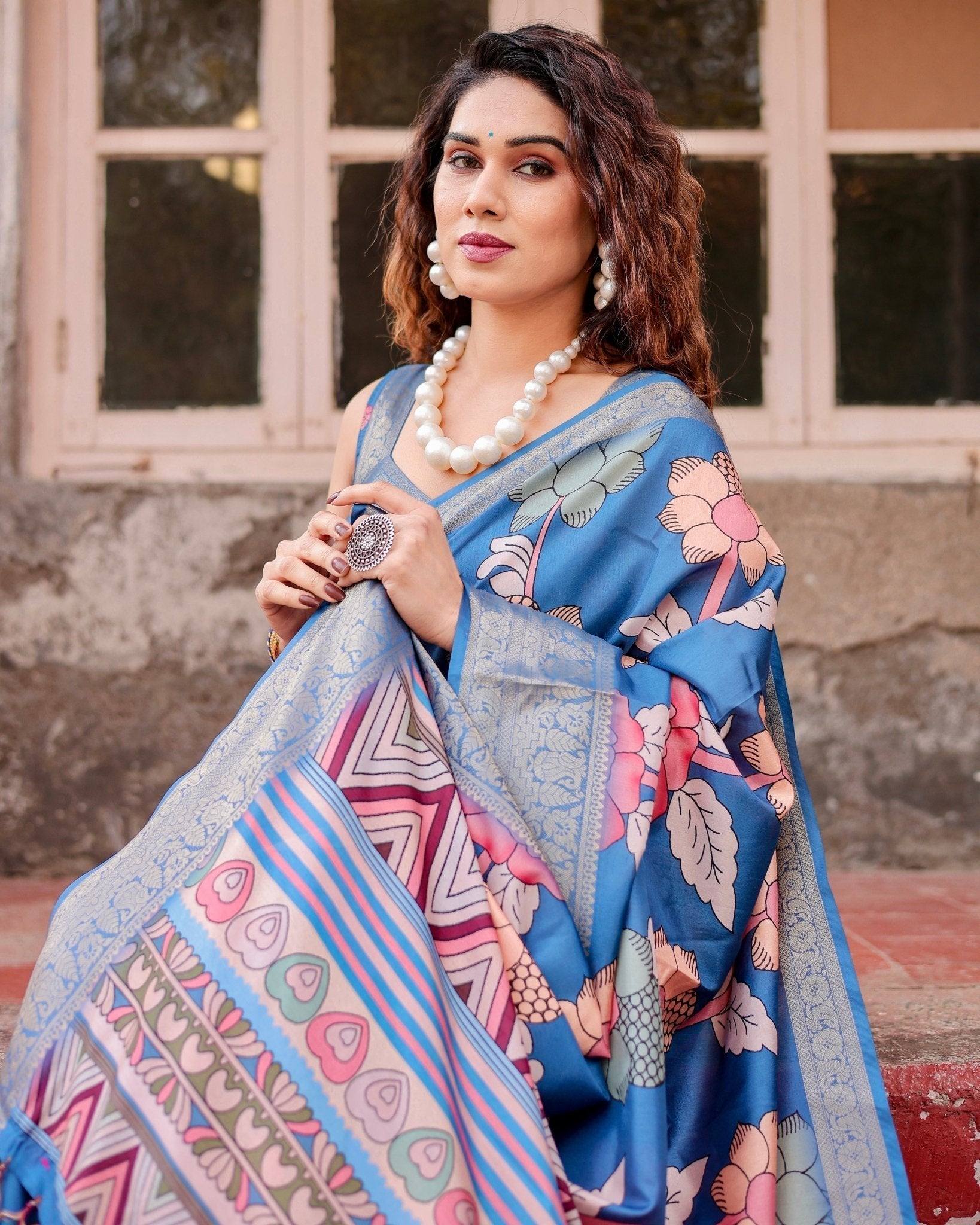 Pure Silk Digitally Printed Saree Weaved With Golden Zari Comes With Tassels - Fashion Dream Studio