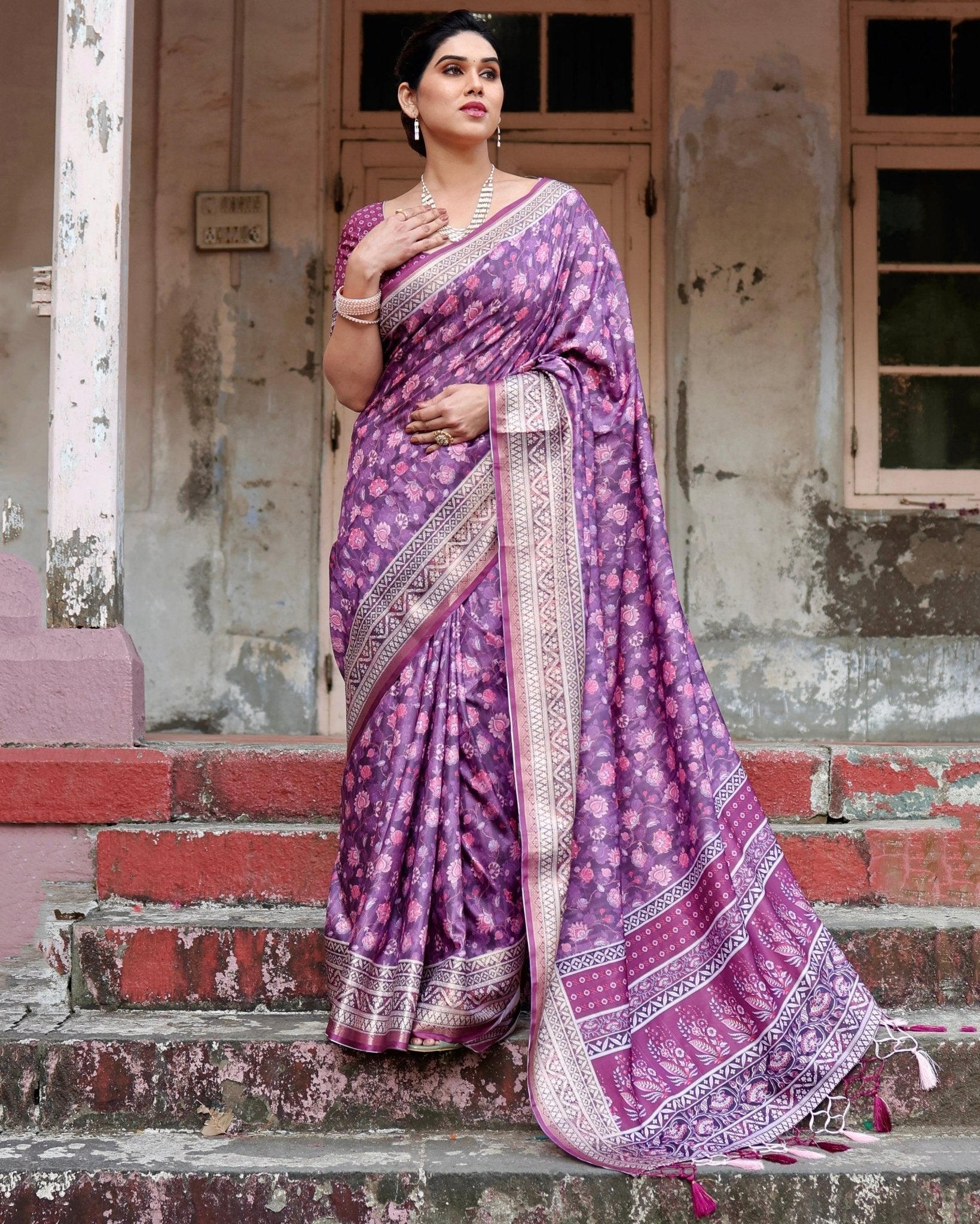 Purple Floral Pure Silk Digital Print Saree with Silver Border and Tassels - Fashion Dream Studio