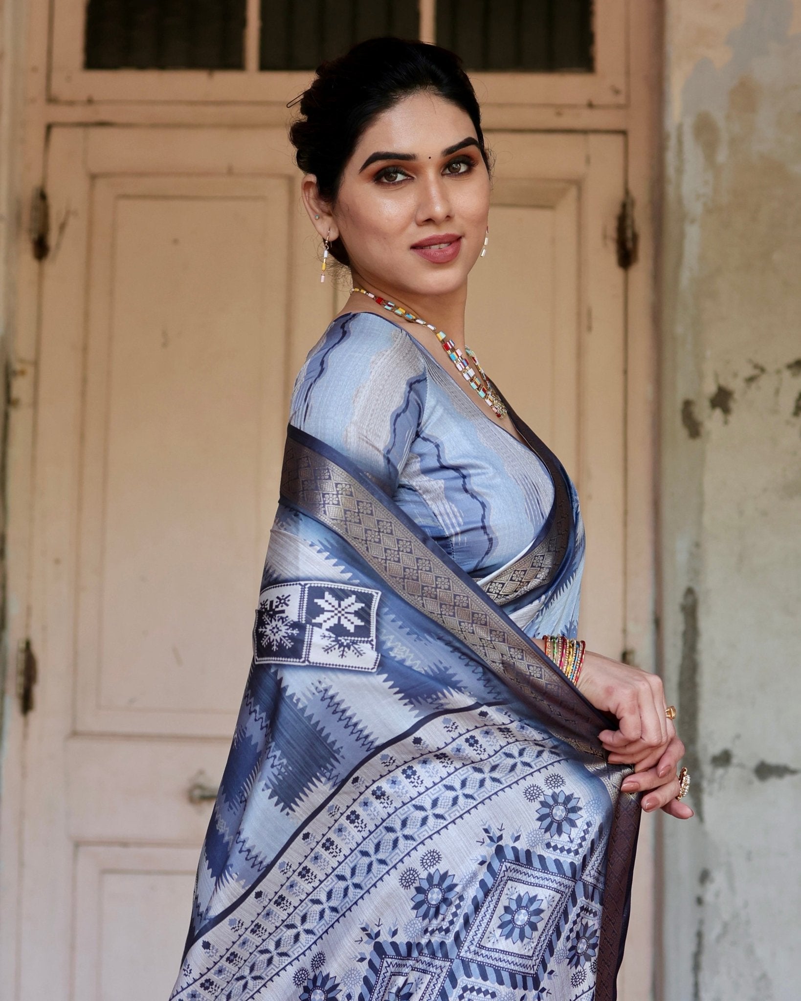 Pure Silk Digitally Printed Saree Weaved With Golden Zari Comes With Tassels - Fashion Dream Studio