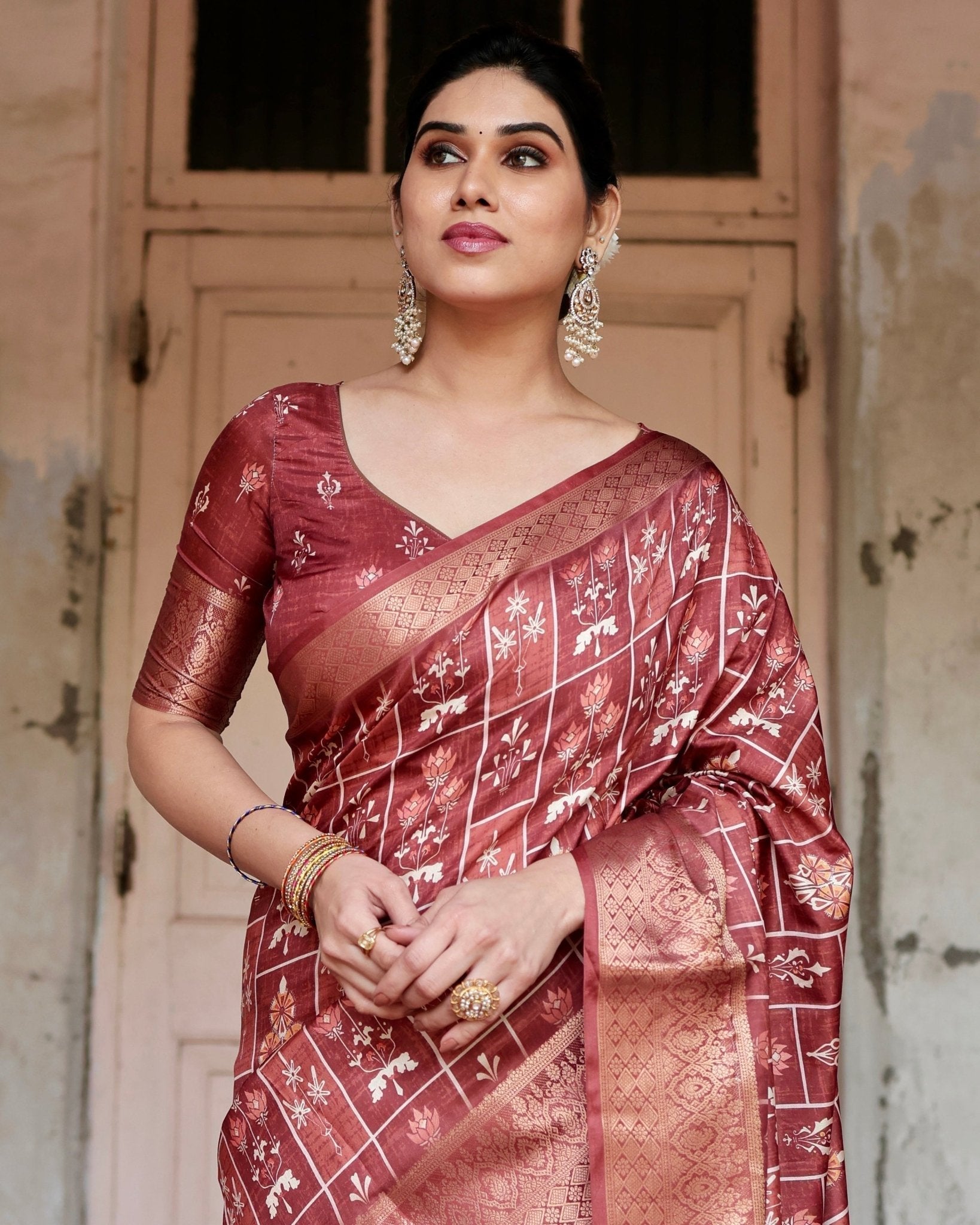 Pure Silk Digitally Printed Saree with Golden Zari and Tassels - Fashion Dream Studio