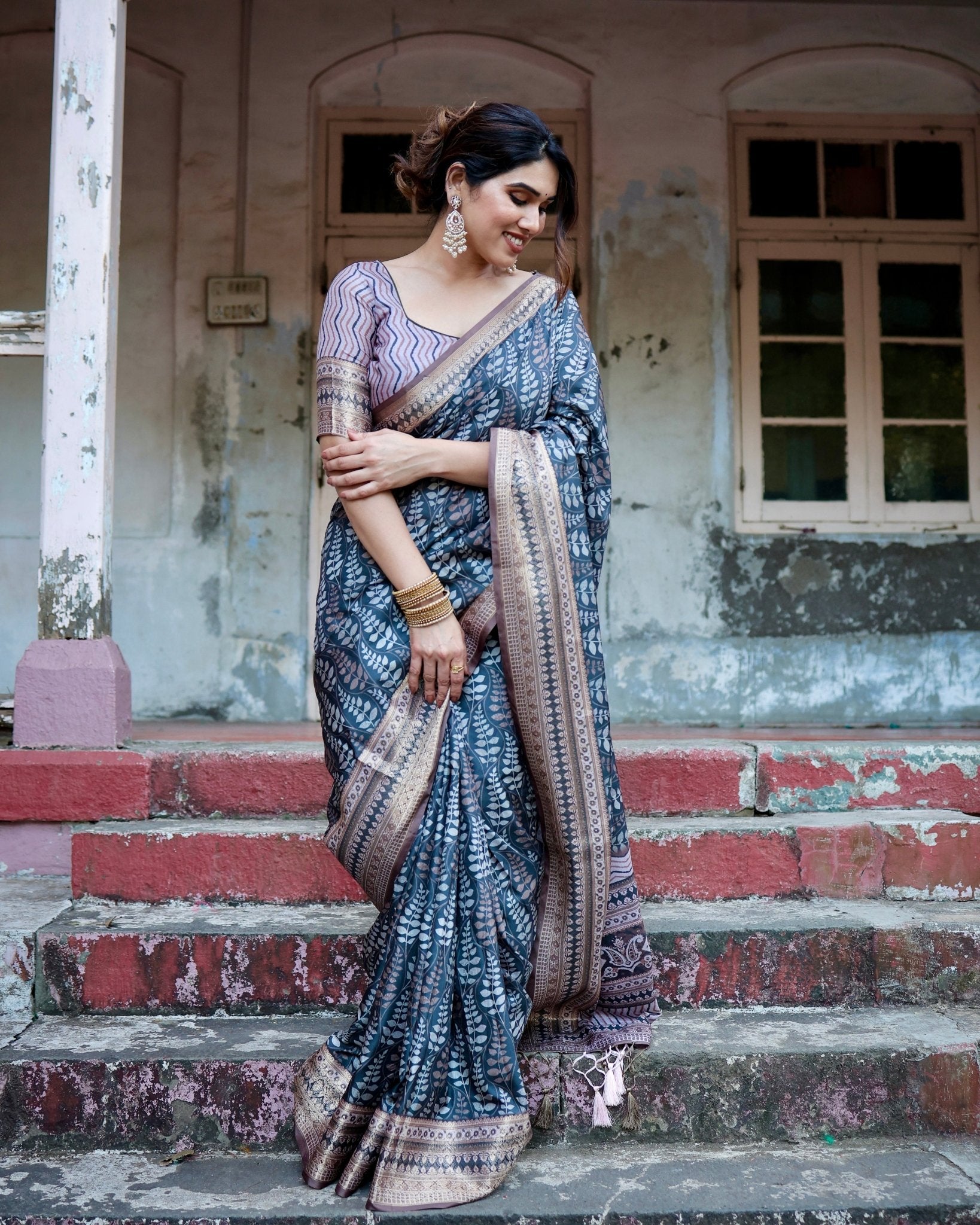 Pure Silk Digitally Printed Saree Weaved With Golden Zari Comes With Tassels