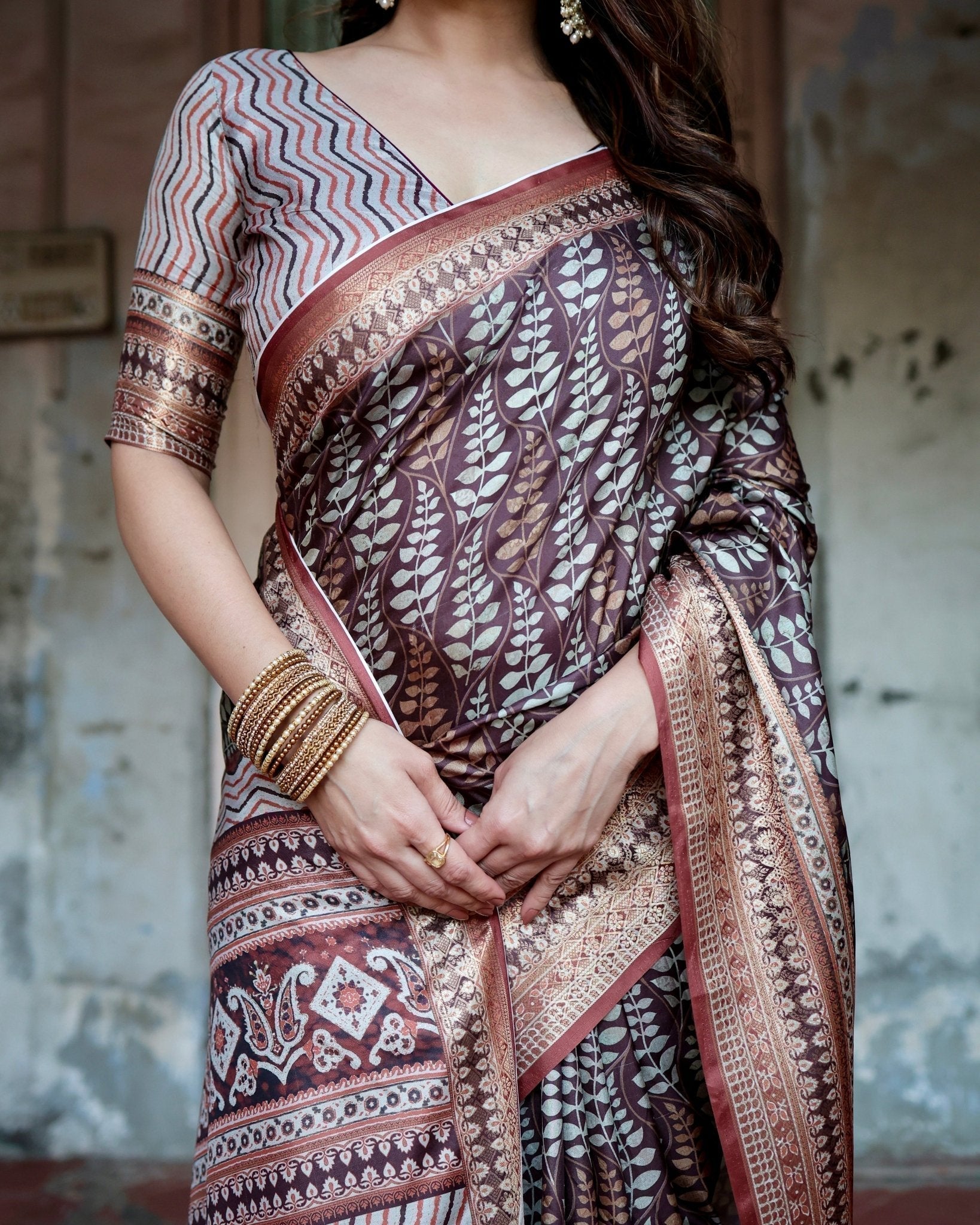 Pure Silk Digitally Printed Saree Weaved With Golden Zari Comes With Tassels