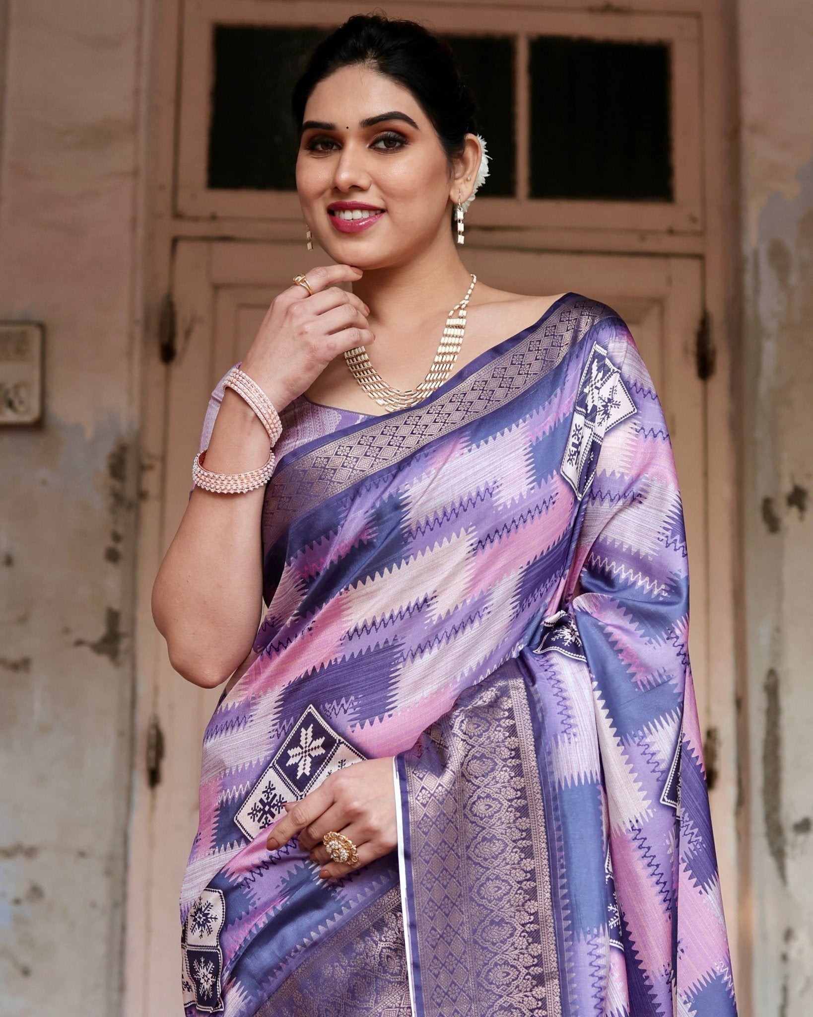 Purple and Pink Geometric Pure Silk Digital Print Saree with Gold Border and Tassels - Fashion Dream Studio