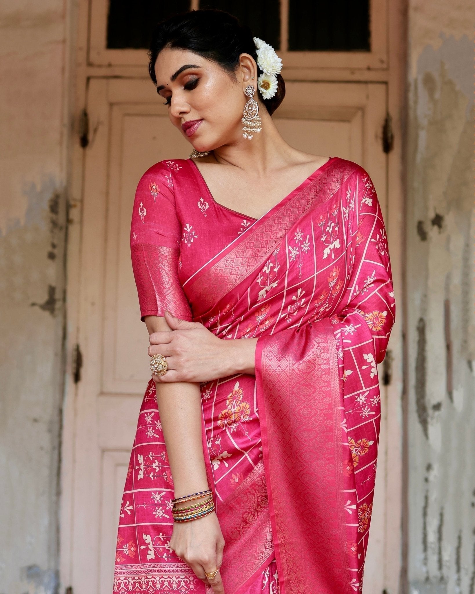 Pure Silk Digitally Printed Saree with Golden Zari and Tassels - Fashion Dream Studio