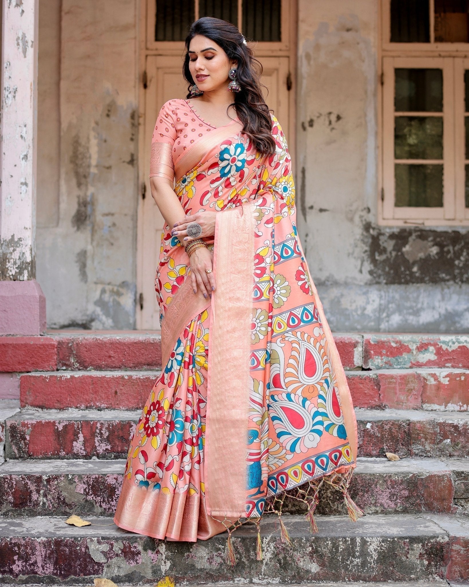 Pure Silk Digitally Printed Saree with Golden Zari and Tassels - Fashion Dream Studio