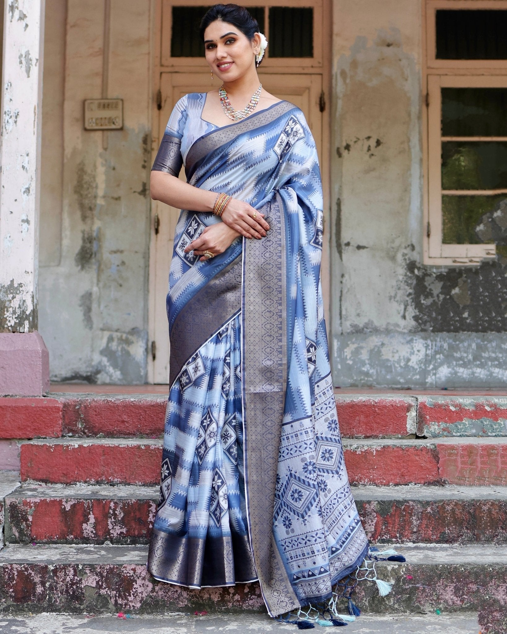 Pure Silk Digitally Printed Saree Weaved With Golden Zari Comes With Tassels - Fashion Dream Studio